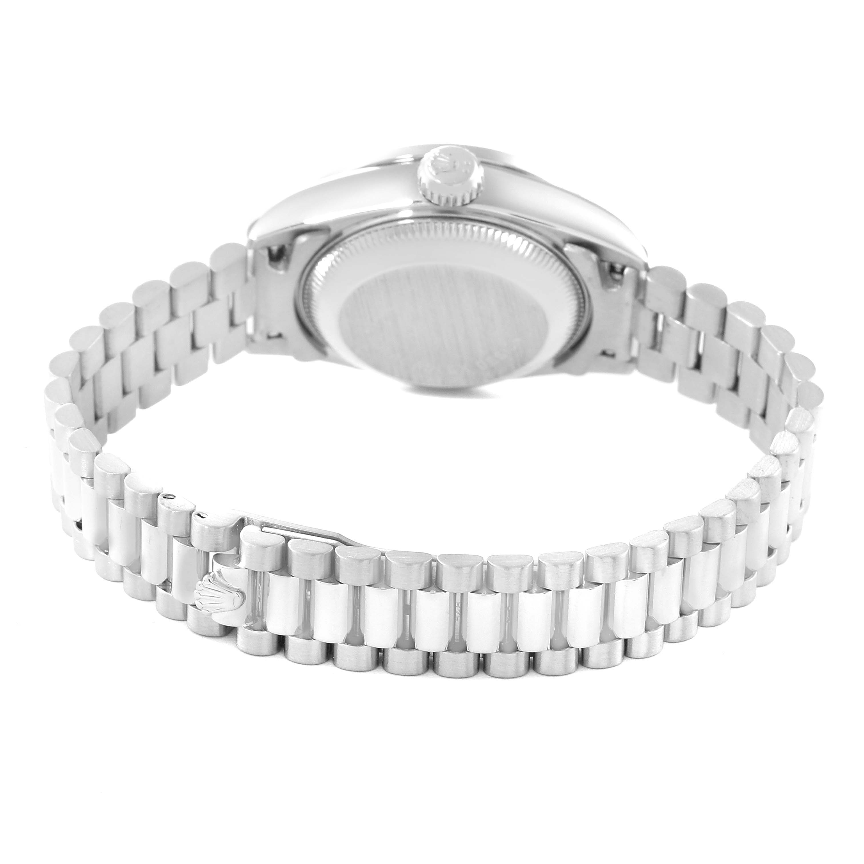 The image shows the case back and bracelet of a Rolex President 69139 Women's White Gold Silver Dial 69139 Women's White Gold Silver Dial model watch from a rear angle.