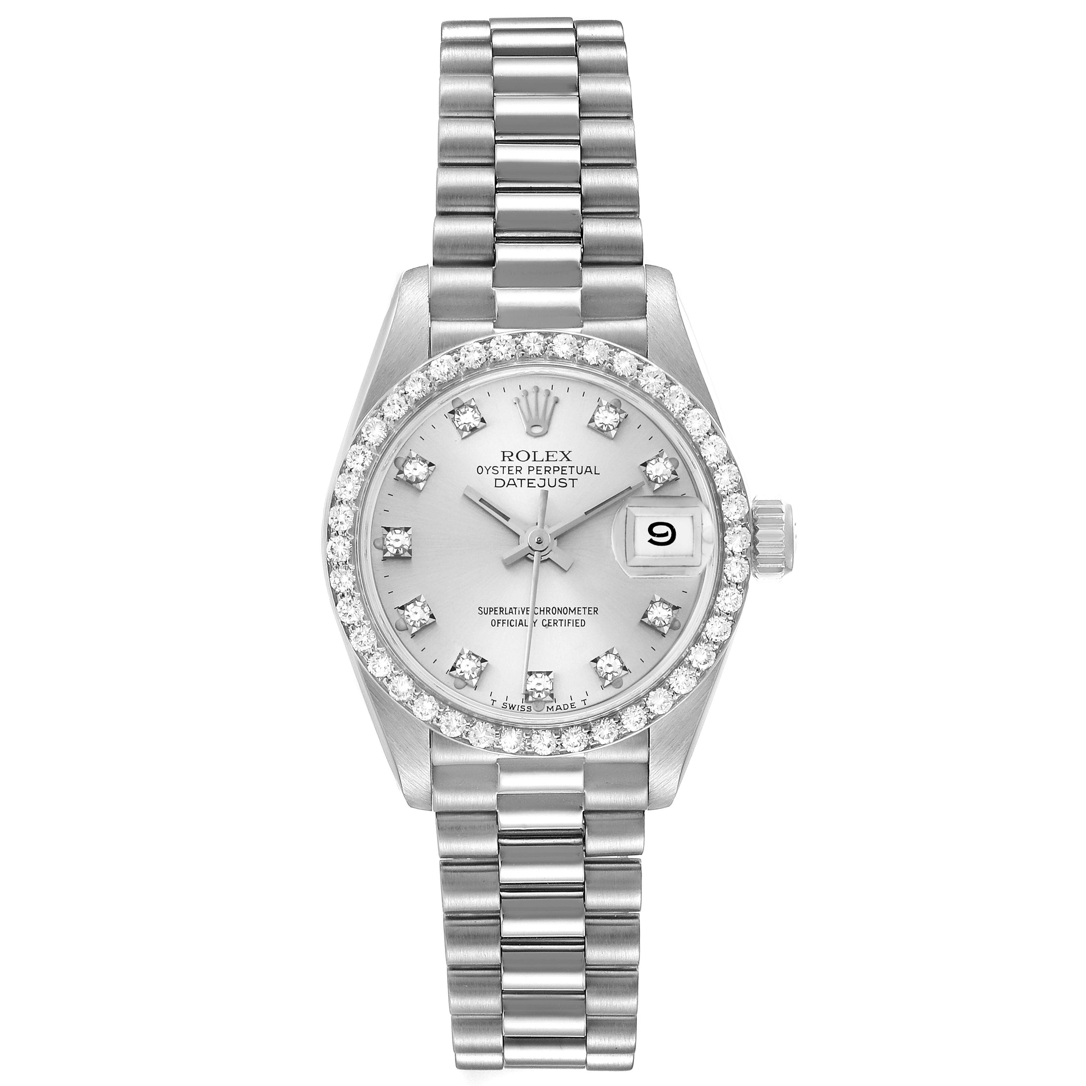 The Rolex President 69139 Women's White Gold Silver Dial 69139 Women's White Gold Silver Dial model watch is shown from a front angle, displaying the dial, bezel, bracelet, and crown.