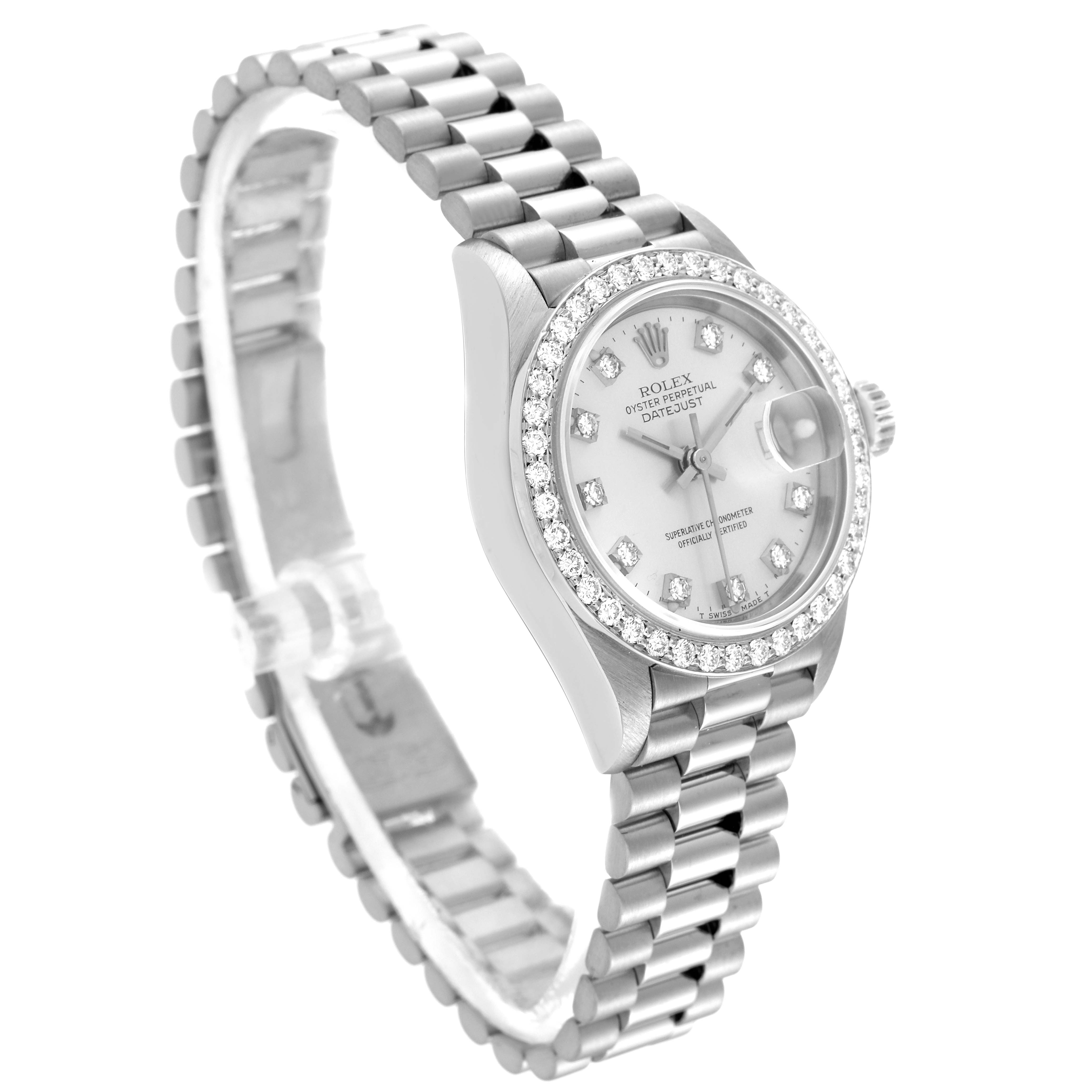 The Rolex President 69139 Women's White Gold Silver Dial 69139 Women's White Gold Silver Dial model watch is shown from a three-quarter angle, displaying the face, bezel, crown, and the bracelet.