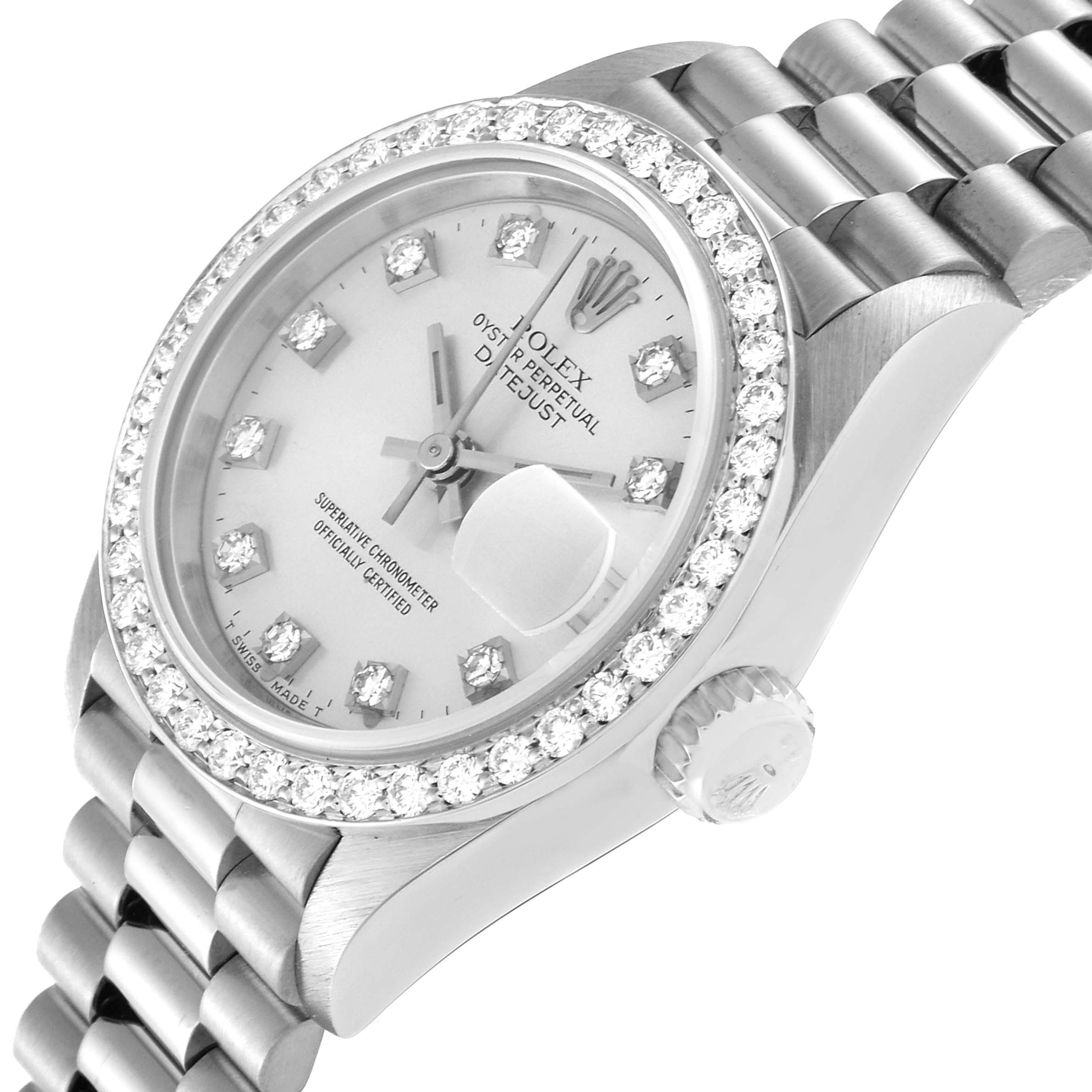 This image shows a close-up, angled view of the Rolex President 69139 Women's White Gold Silver Dial 69139 Women's White Gold Silver Dial model watch, highlighting its face, bezel, and bracelet.
