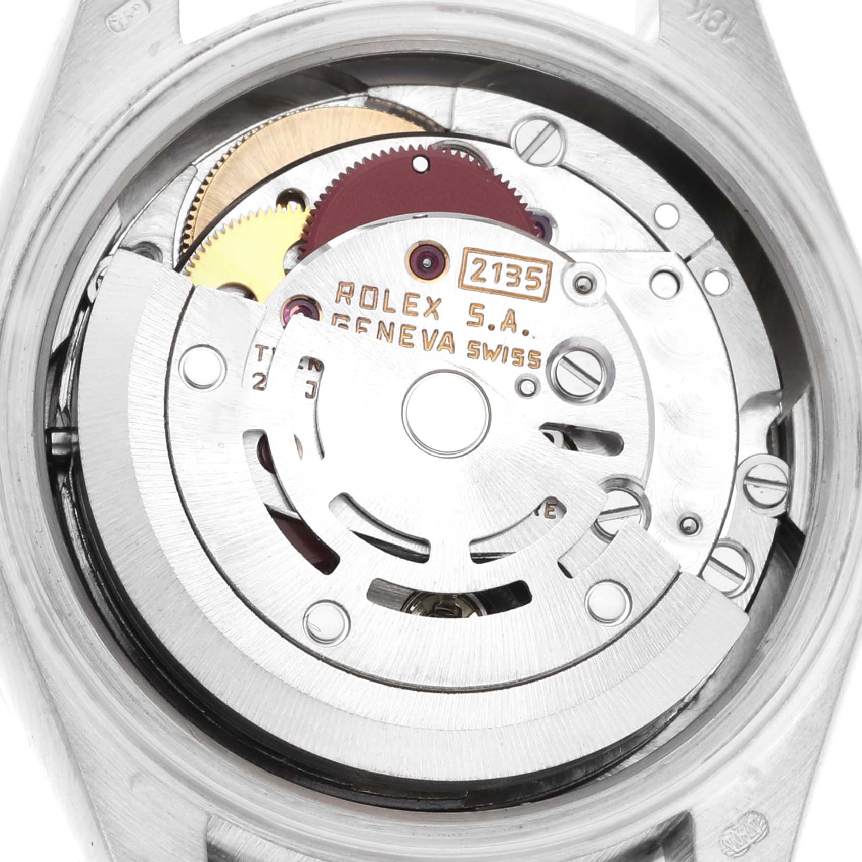 This image shows the intricate inner mechanical parts of the Rolex President 69139 Women's White Gold Silver Dial 69139 Women's White Gold Silver Dial model watch from a top-down angle.