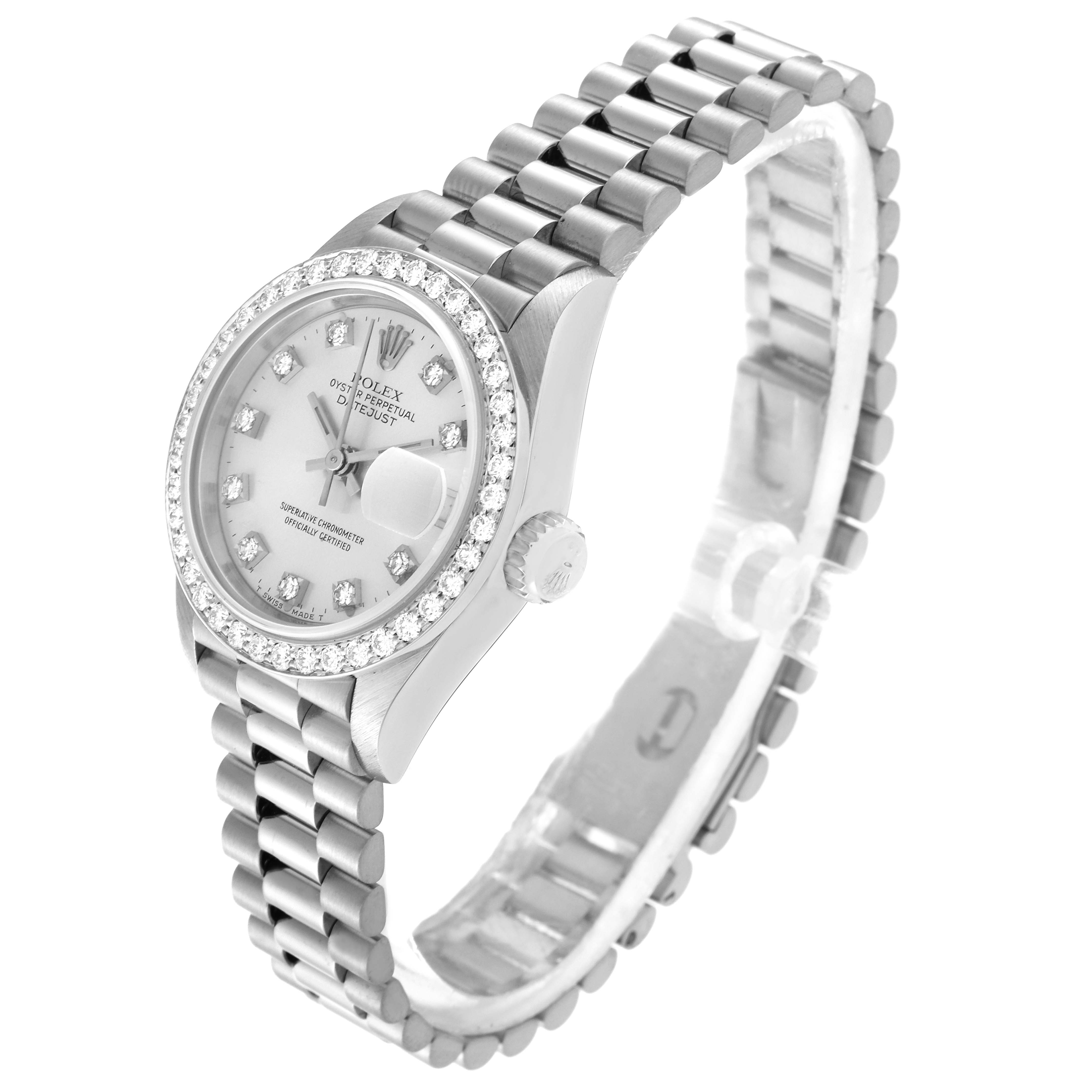 This image shows a Rolex President 69139 Women's White Gold Silver Dial 69139 Women's White Gold Silver Dial model watch at a slight angle, highlighting the band, bezel, dial, and crown.