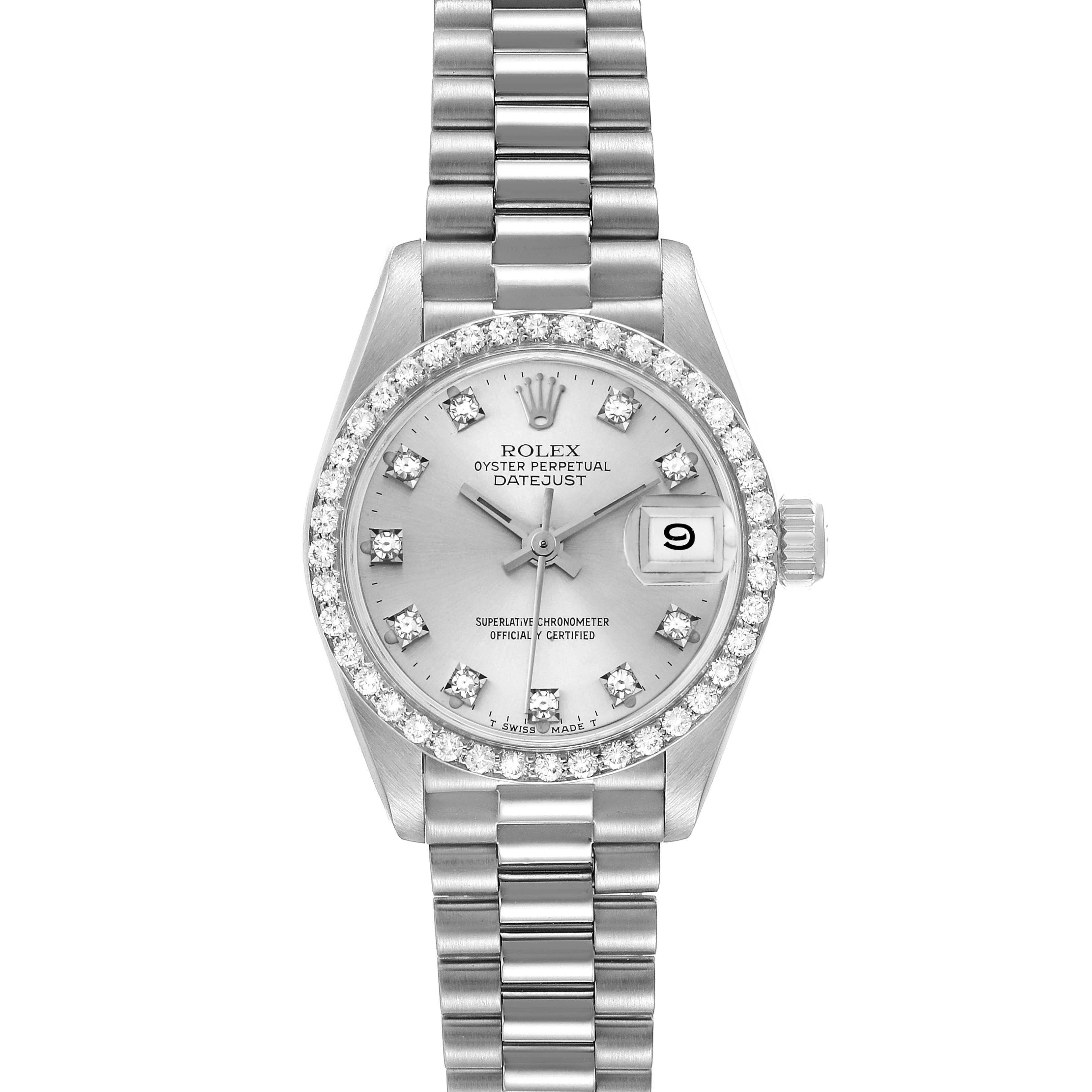 The image shows a front view of a Rolex President 69139 Women's White Gold Silver Dial 69139 Women's White Gold Silver Dial Datejust watch, featuring its bracelet, diamond bezel, dial, and date window.