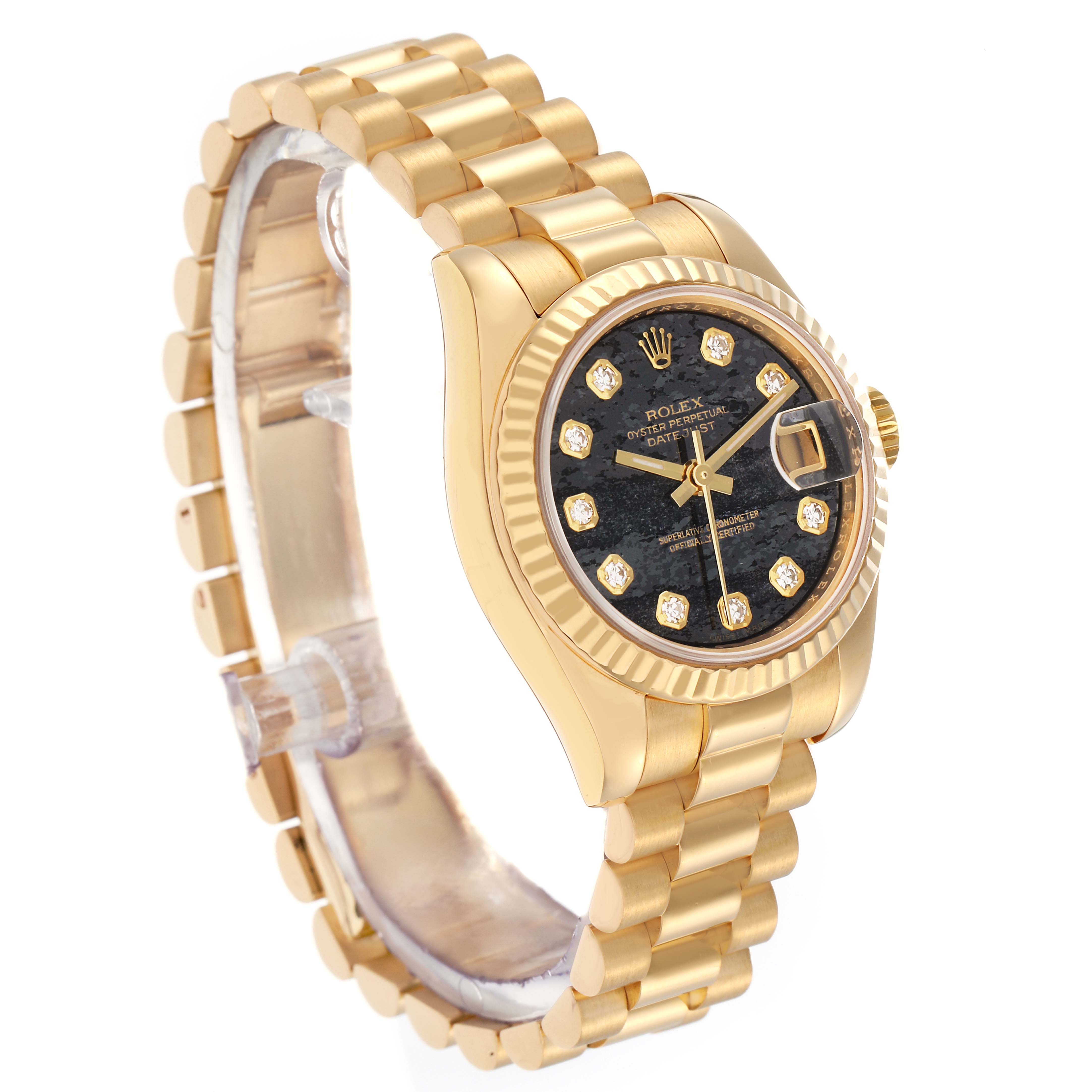 The image shows a Rolex Datejust model 179178 from a three-quarter angle, highlighting the gold case, fluted bezel, black dial with diamond hour markers, and the bracelet.