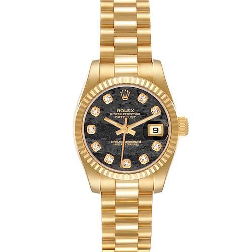The Rolex Datejust model 179178 is shown from a front angle, highlighting its gold case, diamond indices, and bracelet, with the date window at 3 o'clock.