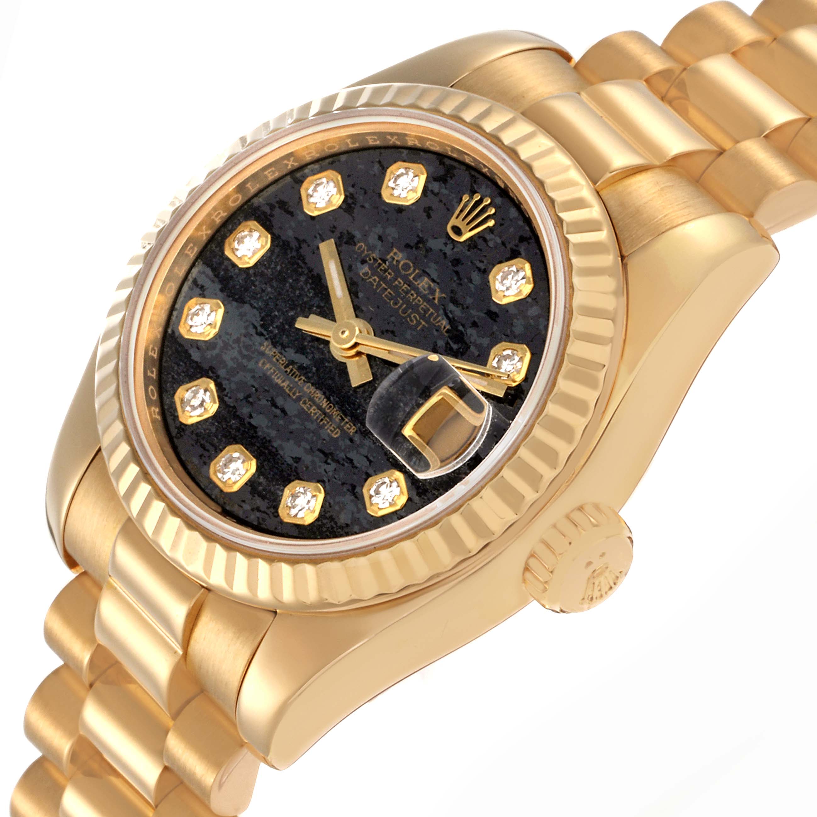 The image shows a Rolex Datejust model 179178 men's watch at an angled side view, highlighting the black diamond dial, fluted bezel, and gold bracelet.