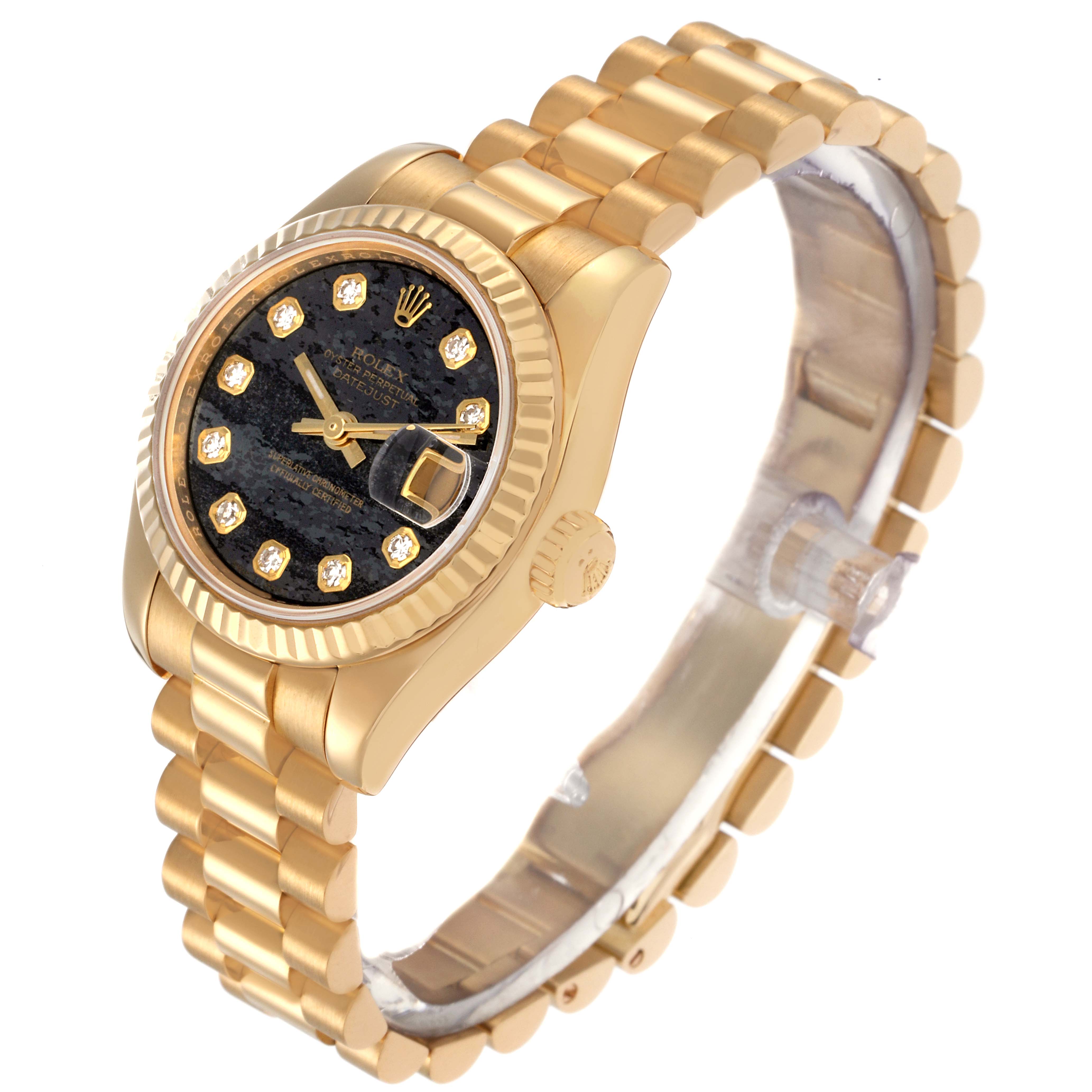 The image shows a Rolex Datejust model 179178 men's watch from an oblique angle highlighting the gold case, fluted bezel, and band, with a detailed view of the dial.