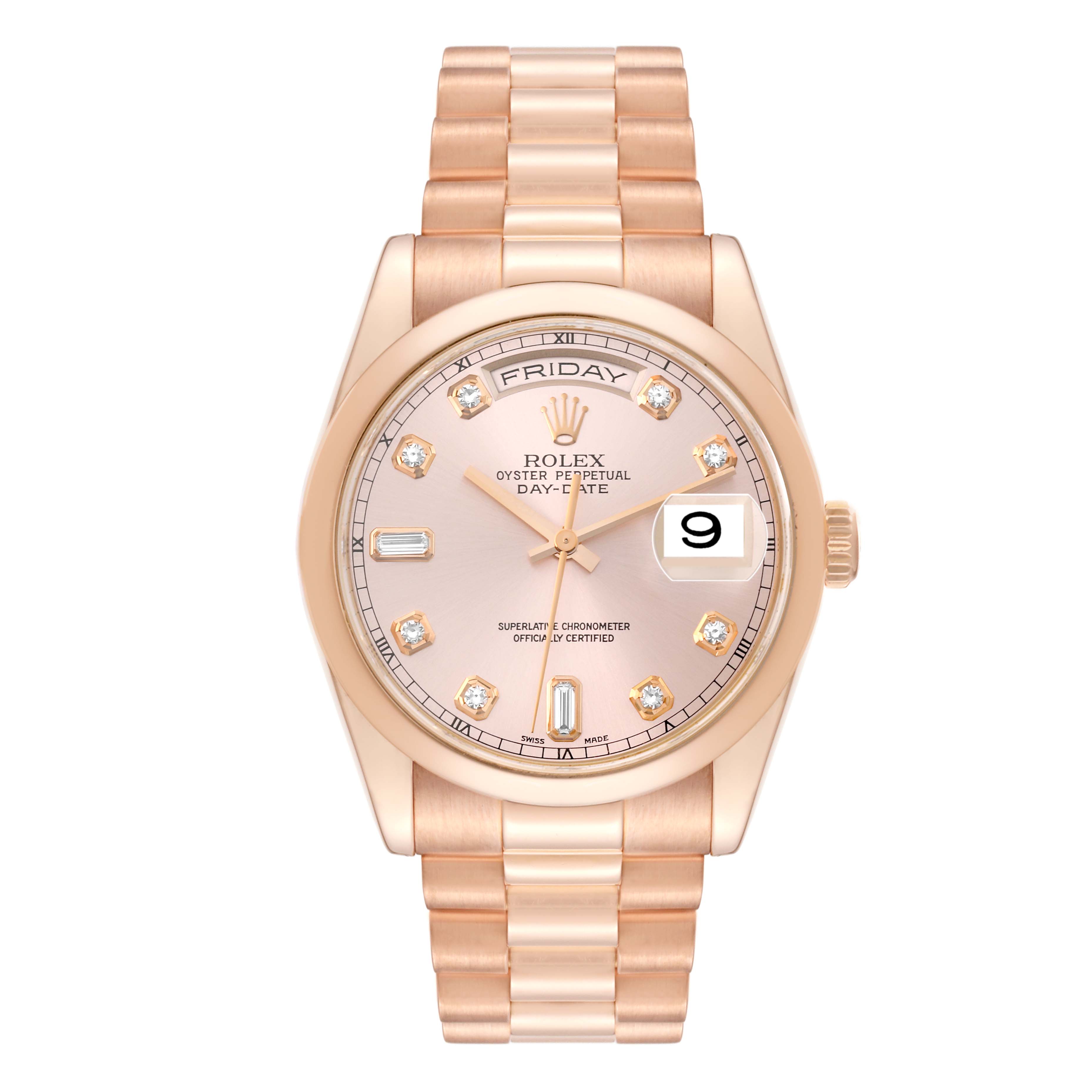 This image shows a frontal view of the Rolex President 118205 Men's Rose Gold Pink Dial 118205 Men's Rose Gold Pink Dial Day-Date watch, highlighting the face, dial, and bracelet.