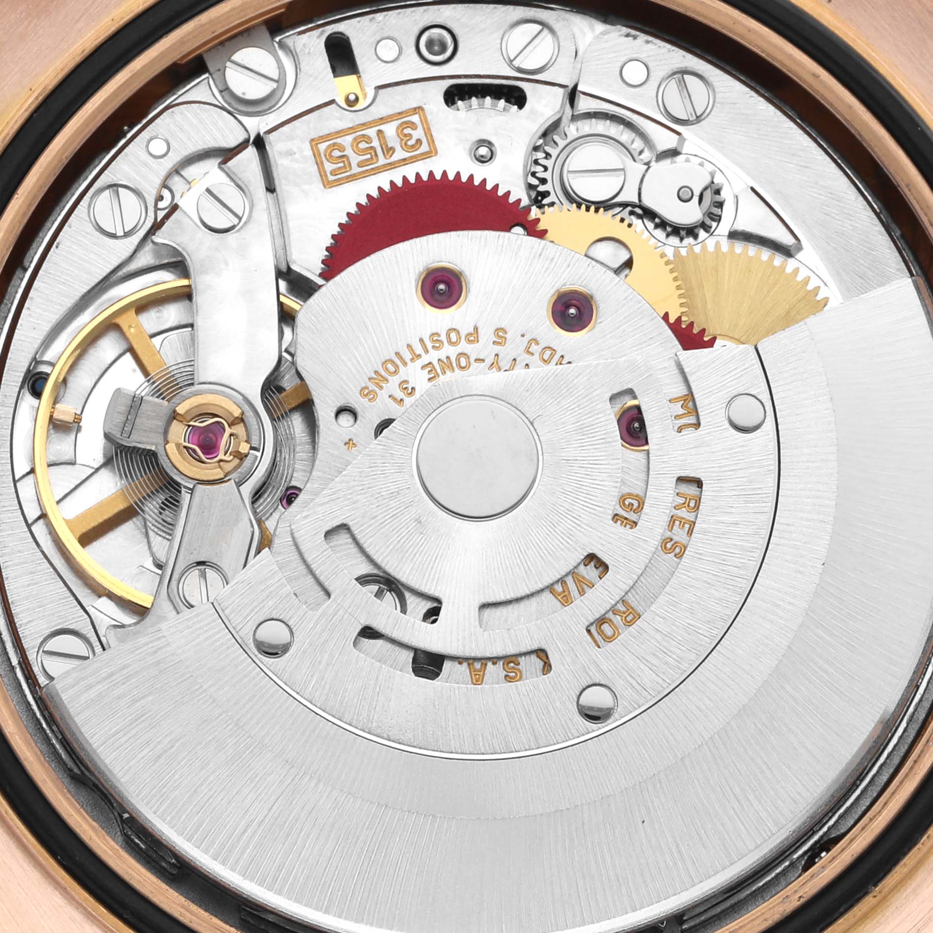This image shows the internal mechanical movement of a Rolex President 118205 Men's Rose Gold Pink Dial 118205 Men's Rose Gold Pink Dial model watch from a close-up, top-down angle.