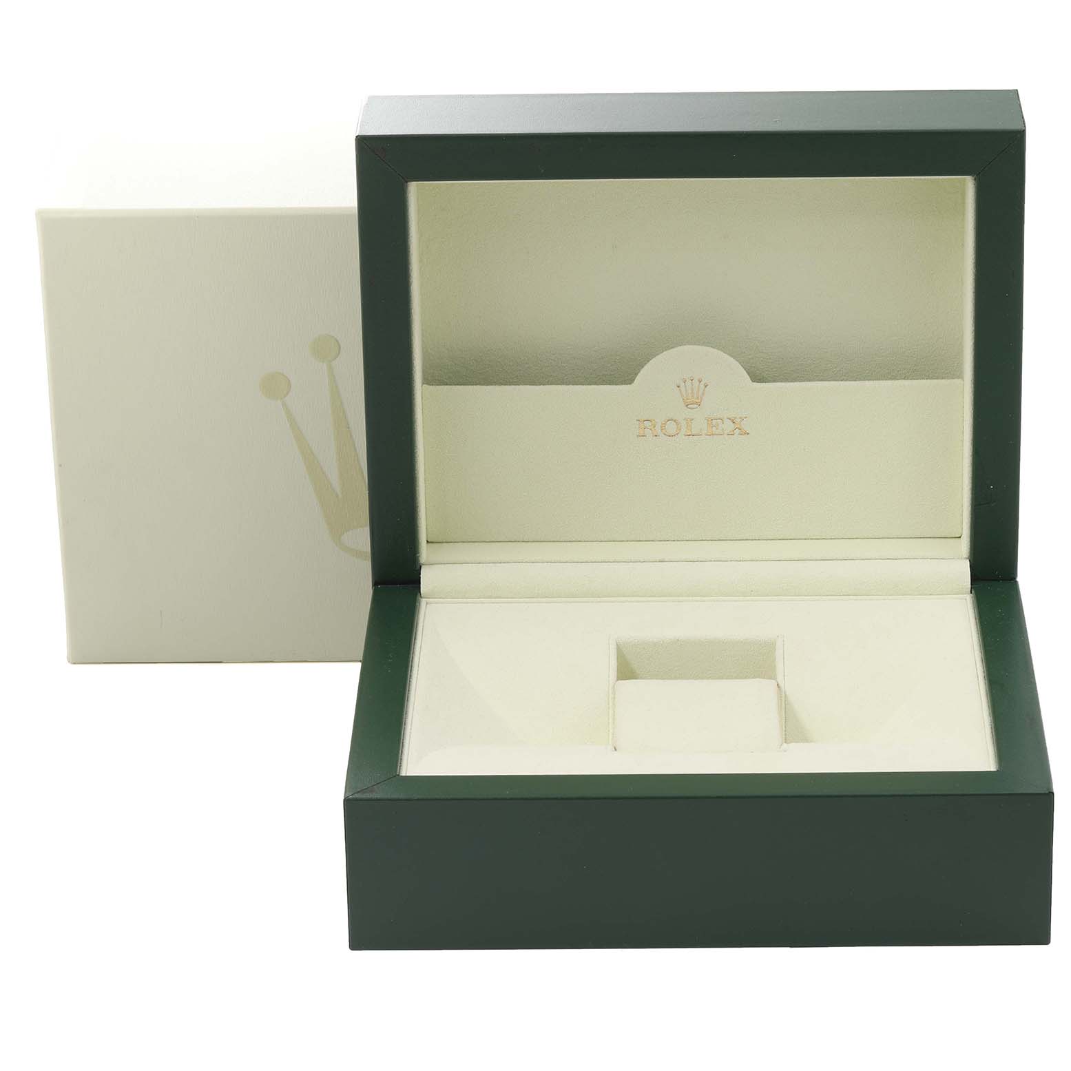 This is an empty Rolex President 118205 Men's Rose Gold Pink Dial 118205 Men's Rose Gold Pink Dial model watch box, shown from the front with the lid open, displaying the inner compartment.