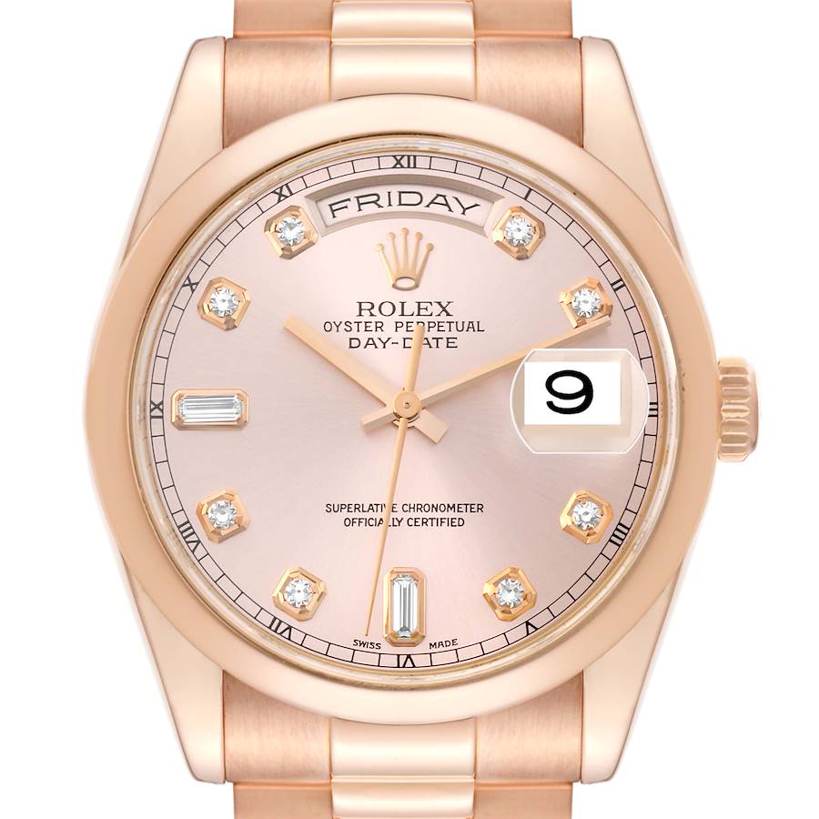 Rolex President Day Date 36 Rose Gold Diamond Dial Mens Watch 118205 SwissWatchExpo