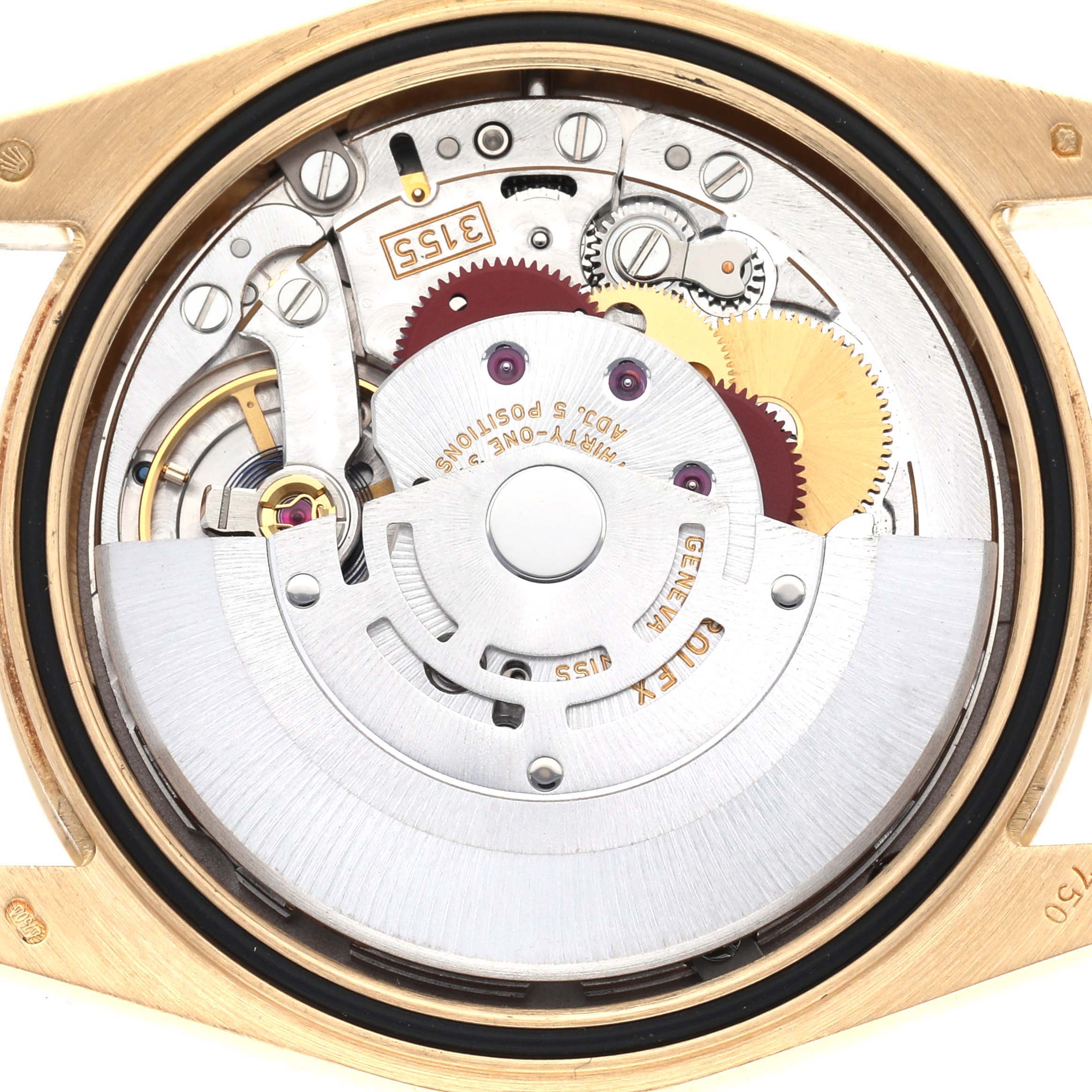 The image shows the movement of a Rolex President model 118388 men's watch, viewed from the back, highlighting its intricate internal mechanism.