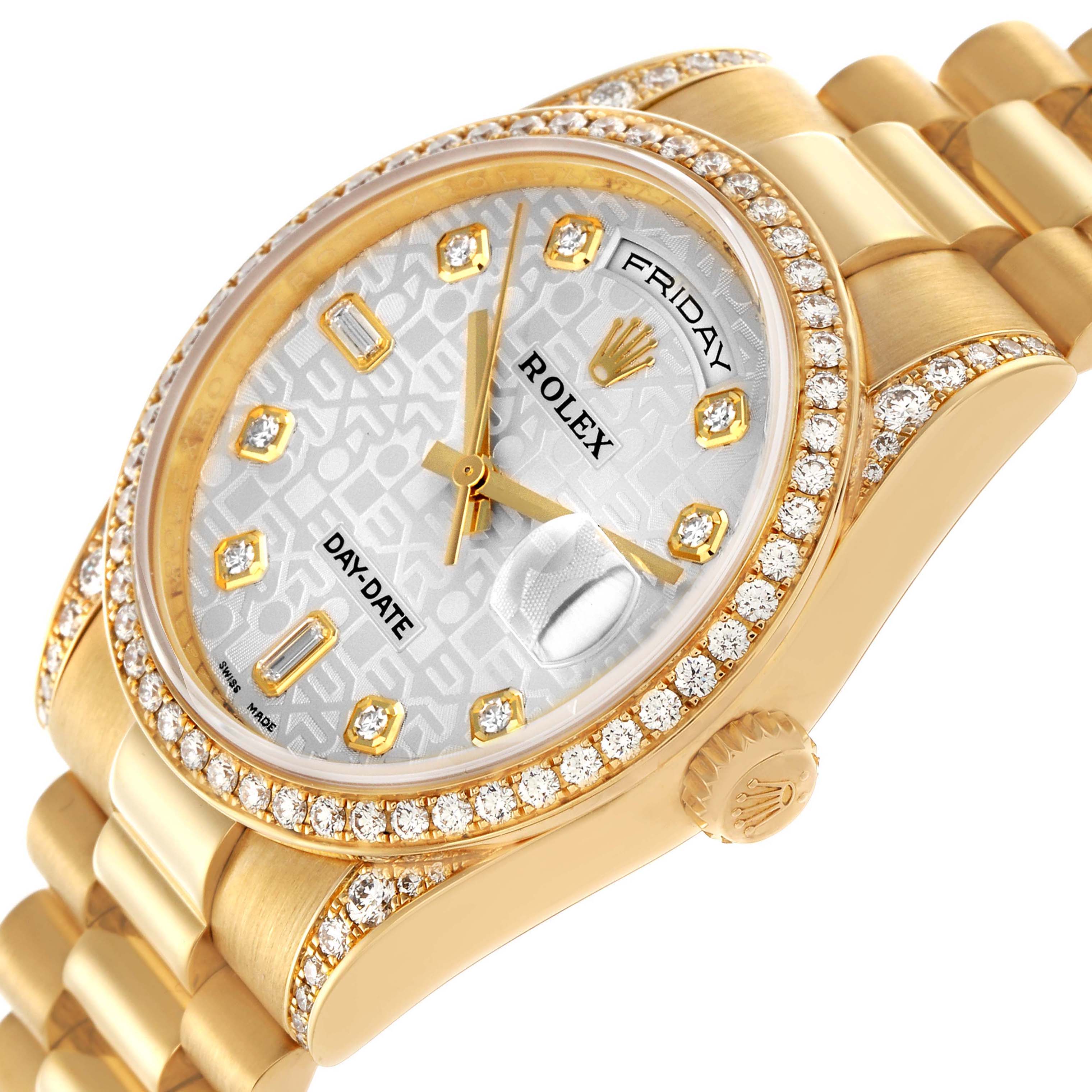 The Rolex President model 118388 is shown at a slight tilted angle, highlighting its diamond-encrusted bezel, detailed dial, and part of the bracelet.