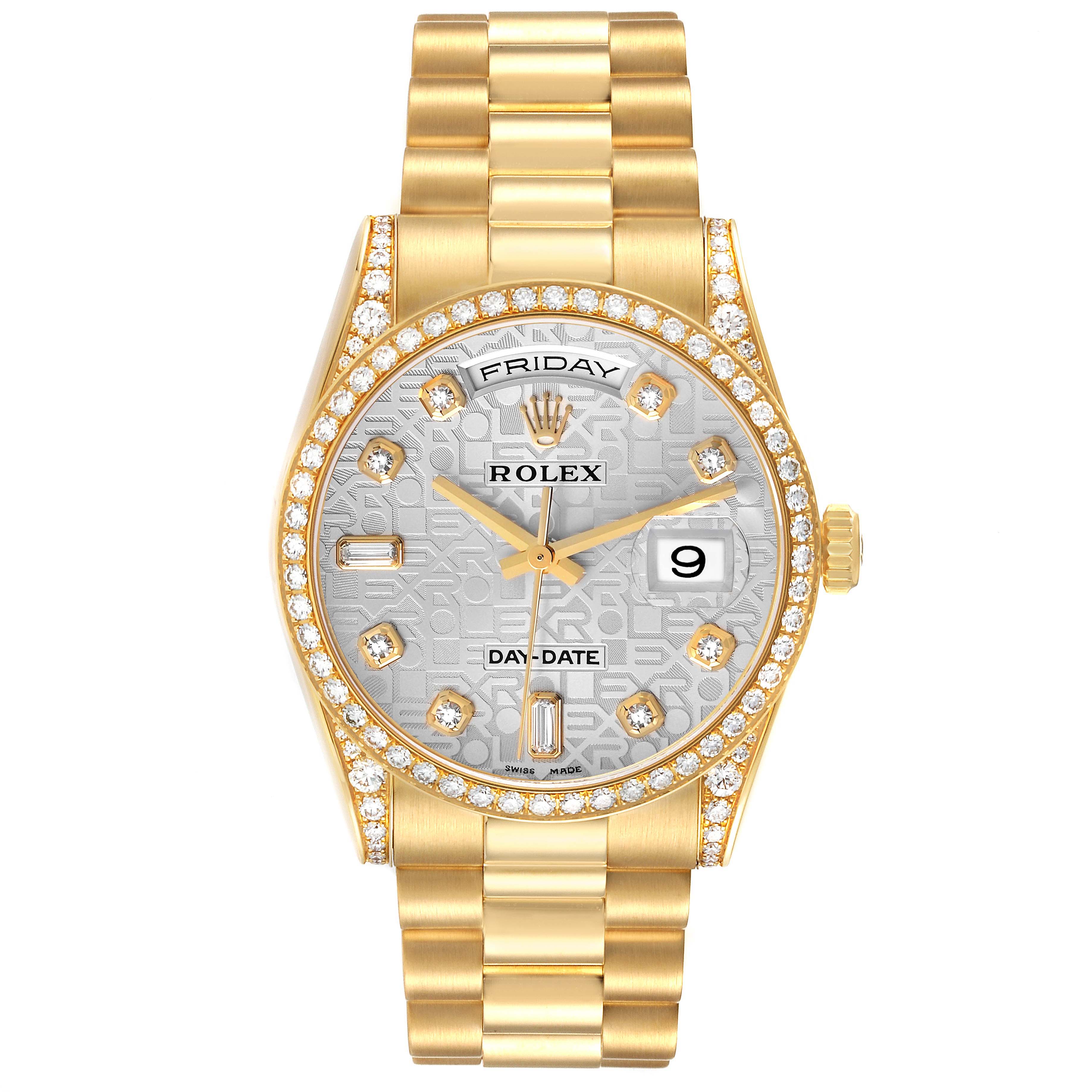 The Rolex President model 118388 is shown from a front angle, highlighting its gold bracelet, diamond bezel, and day-date feature.