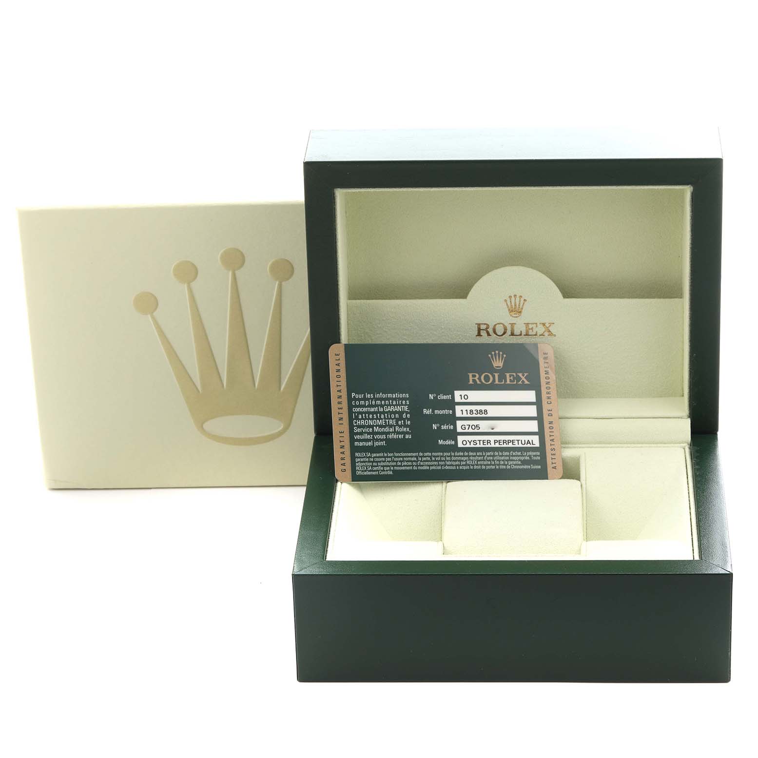 The image shows an open Rolex box with documentation for a President model, model number 118388, but the watch itself is not visible.