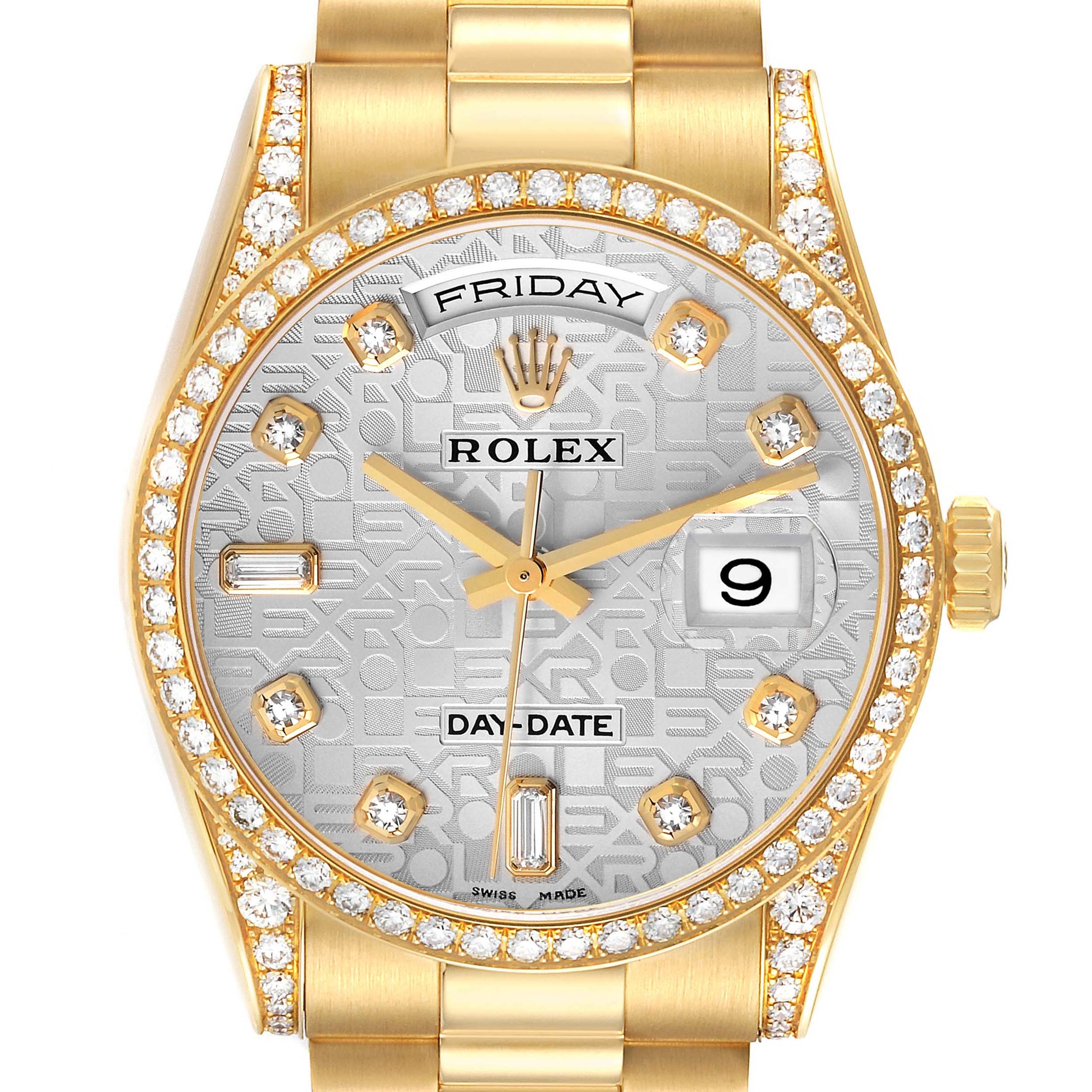 The Rolex President model 118388 is shown from a front angle, highlighting the dial, bezel with diamonds, and partial bracelet.