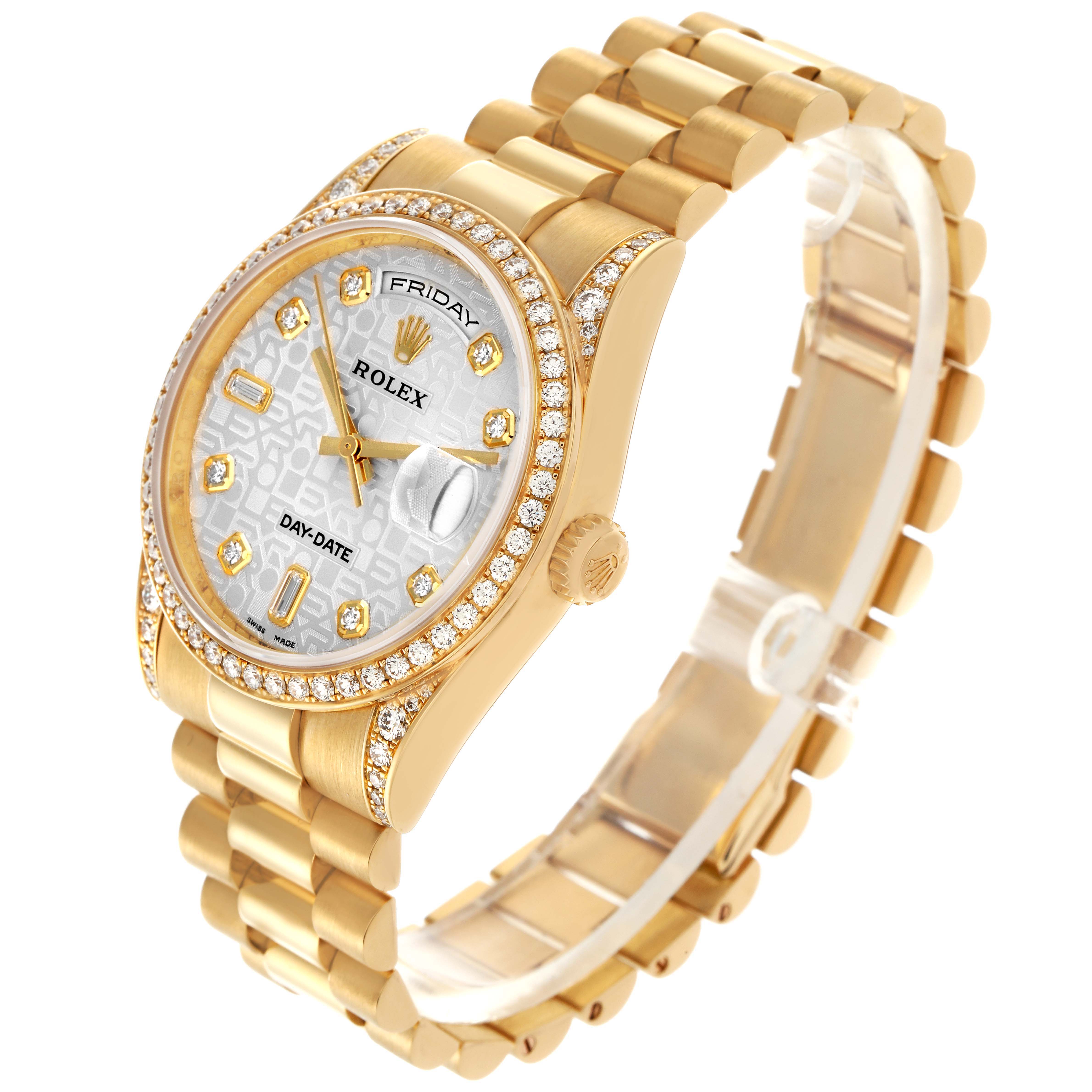 The Rolex President model 118388 men's watch is shown at a three-quarter angle, highlighting its diamond-set bezel, dial, and bracelet.