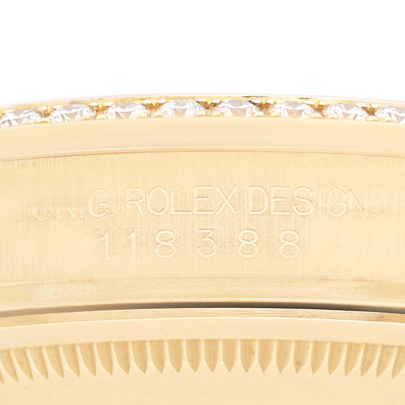 The image shows a close-up of the bezel and side engraving on the Rolex President model 118388, displaying "ORIG ROLEX DESIGN" and the model number.