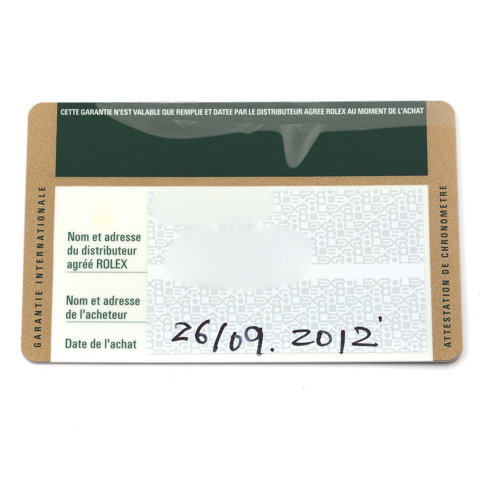 The image shows a warranty card for the Rolex President model, model number 118388, with purchase details and dealer information.