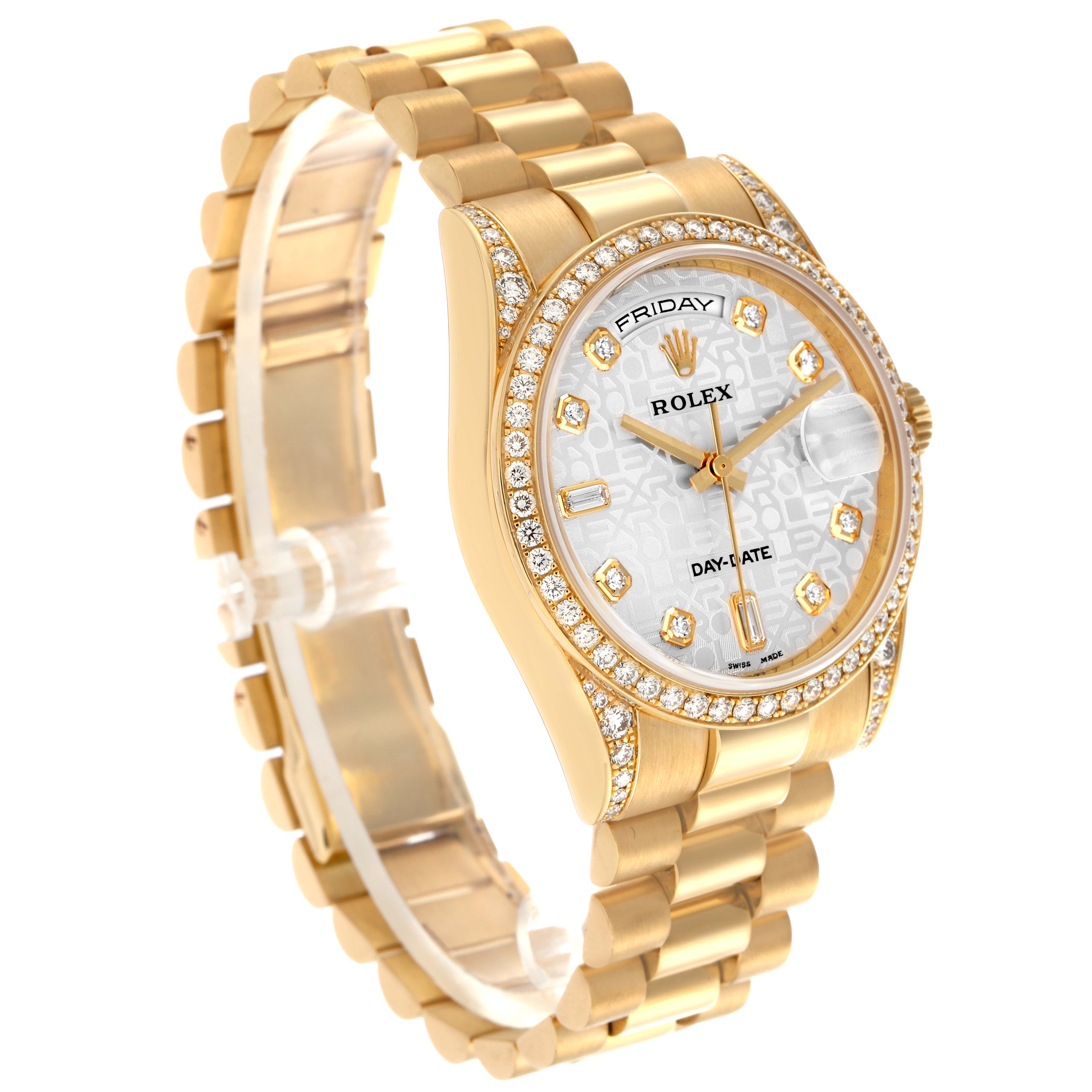 The Rolex President model 118388 men's watch is shown from a three-quarter angle, highlighting the gold case, diamond bezel, bracelet, and dial details.
