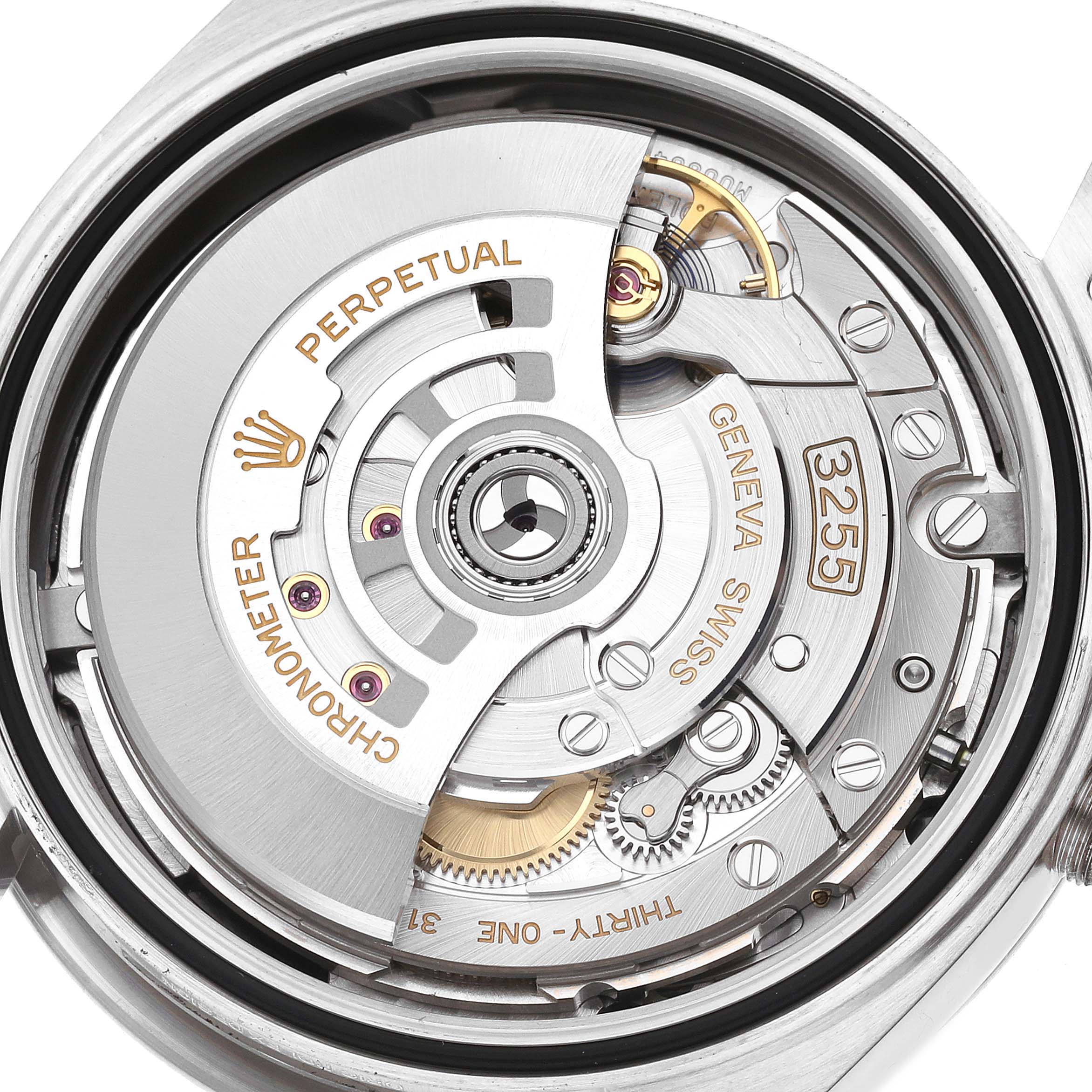 This image shows the internal mechanism of the Rolex President 228236 Men's Platinum Black Dial 228236 Men's Platinum Black Dial model watch from a top-down angle.