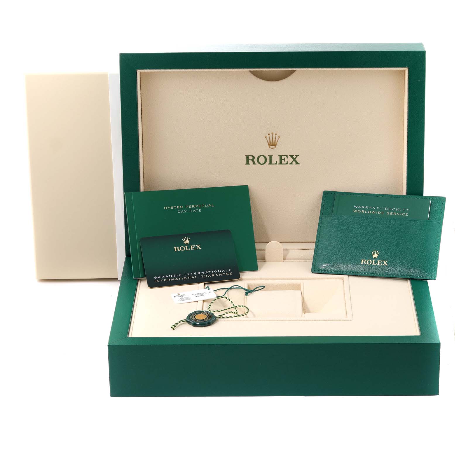 The image shows the open case, booklet, warranty card, and tags for a Rolex President 228236 Men's Platinum Black Dial 228236 Men's Platinum Black Dial model.