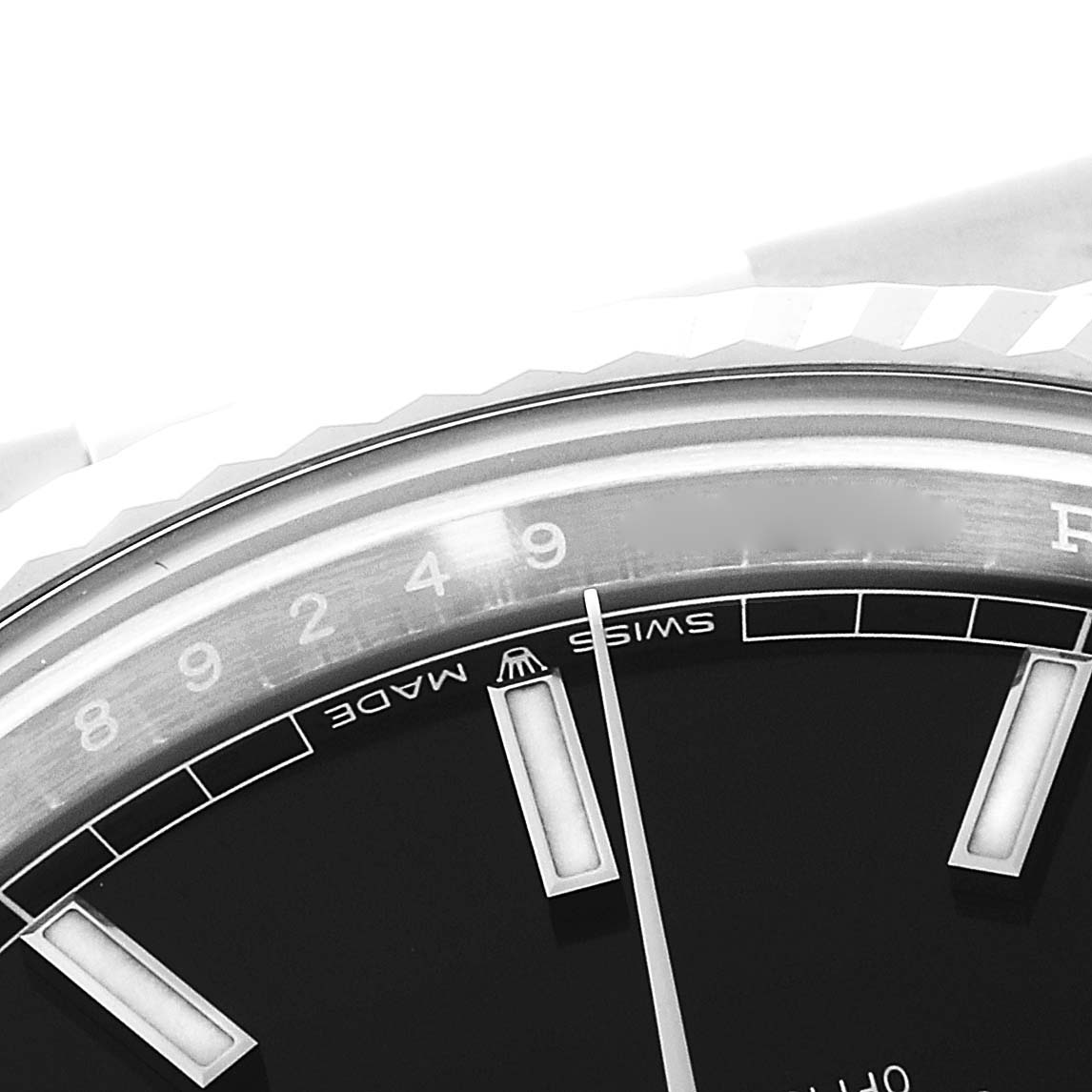 The image shows a close-up angle of the dial and bezel of a Rolex President 228236 Men's Platinum Black Dial 228236 Men's Platinum Black Dial watch, highlighting the "Swiss Made" marking and hour markers.