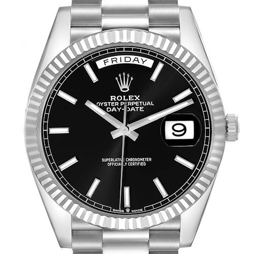 This image shows a front view of the Rolex President model watch, displaying its black dial, day-date feature, and stainless steel band.