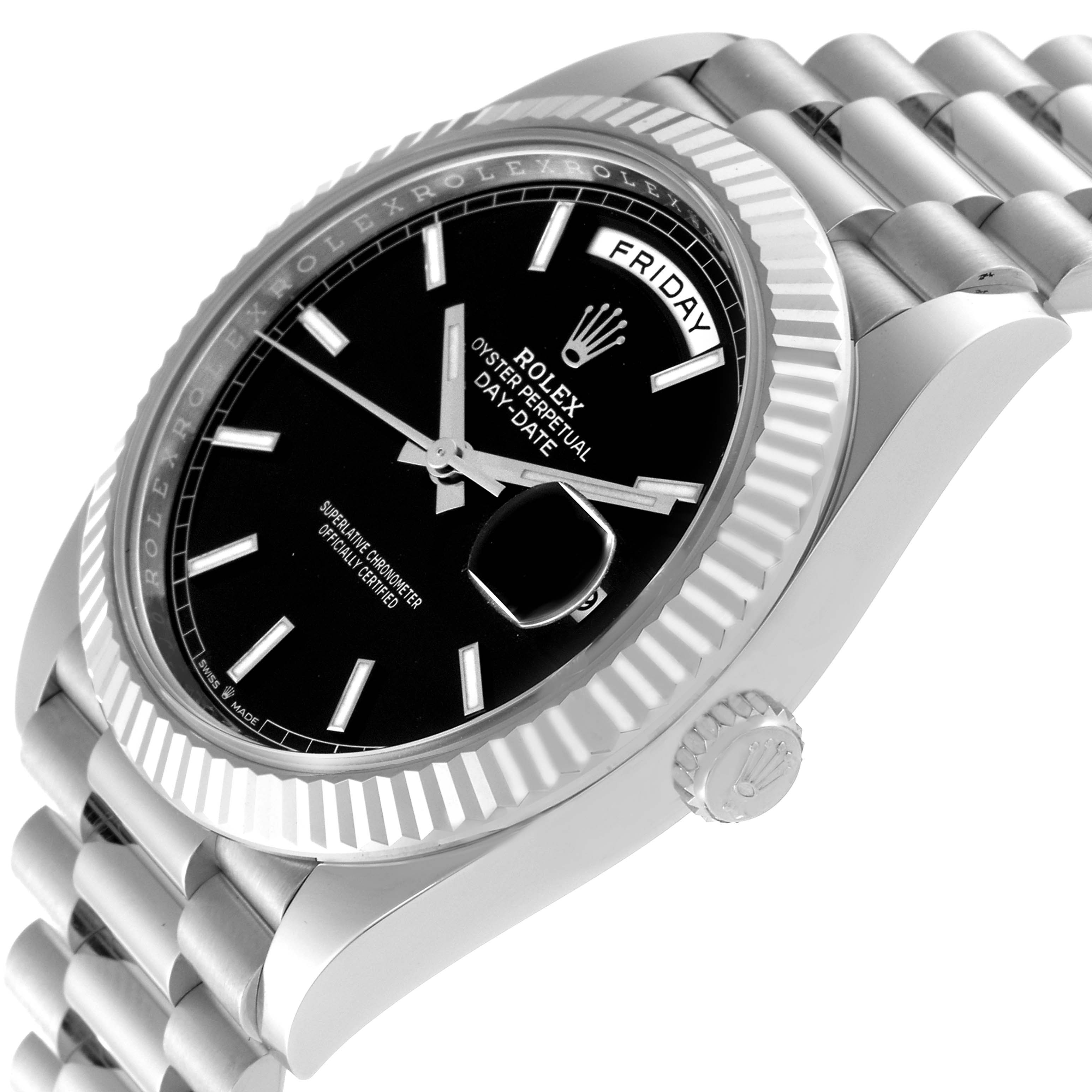 The image shows a close-up of a Rolex President 228236 Men's Platinum Black Dial 228236 Men's Platinum Black Dial model watch, featuring the dial, bezel, and part of the bracelet.