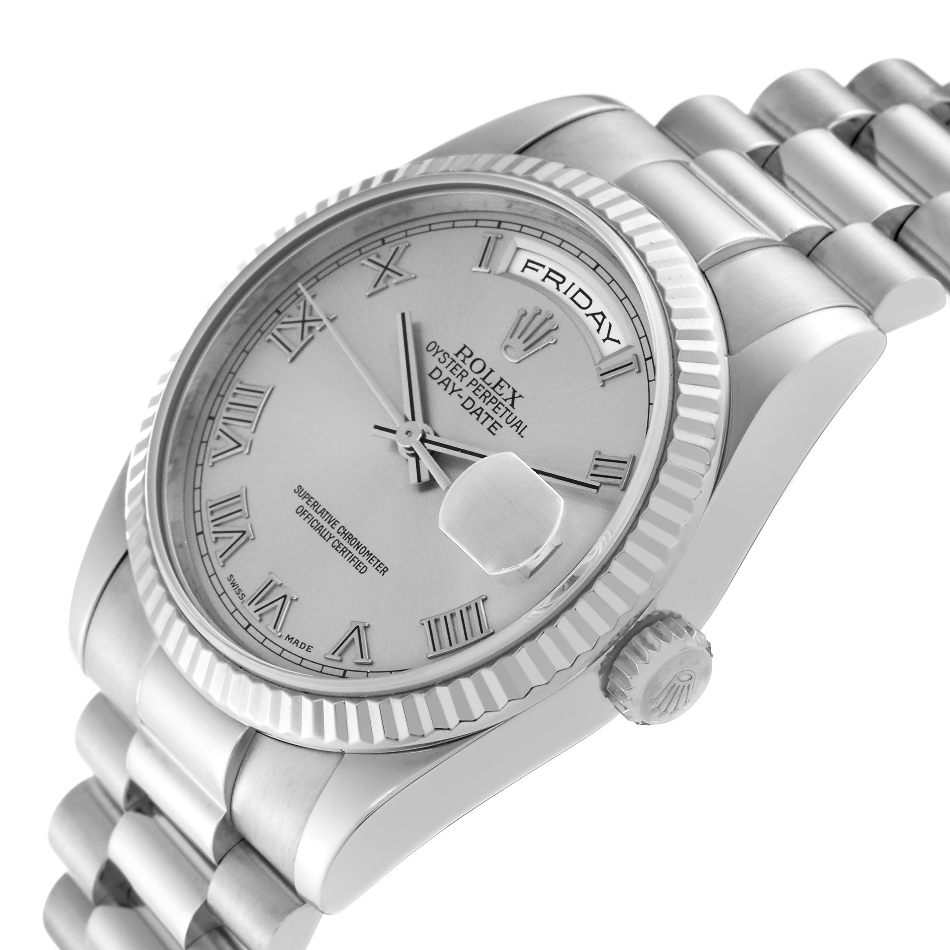 The image shows a Rolex President 118239 Men's White Gold Silver Dial 118239 Men's White Gold Silver Dial model watch from a slight angled view, highlighting the dial, fluted bezel, crown, and part of the bracelet.
