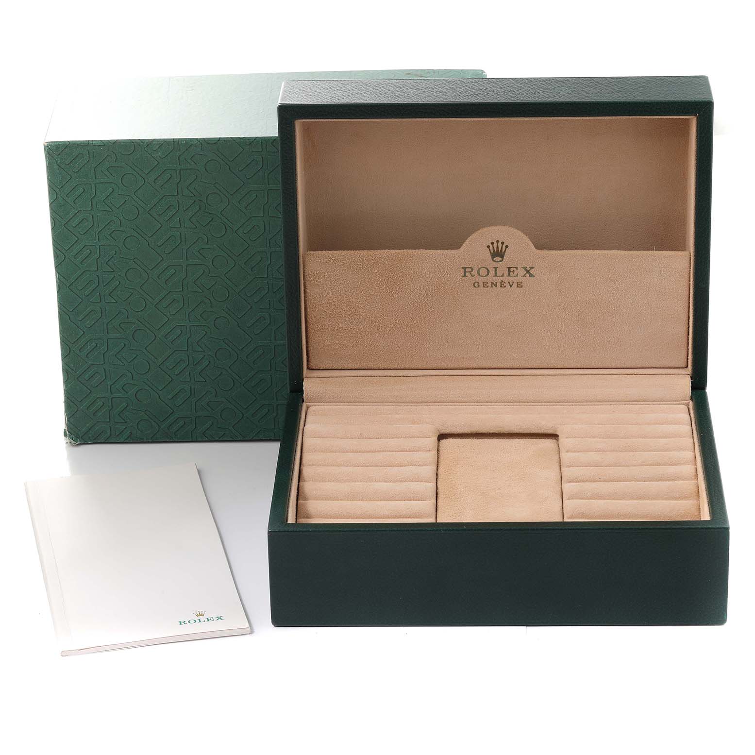 The image shows an open Rolex President 118239 Men's White Gold Silver Dial 118239 Men's White Gold Silver Dial watch box, green outer box, and a booklet, all from an overhead angle.