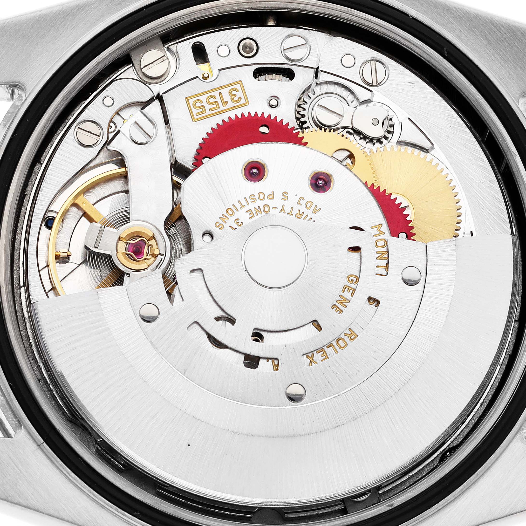 This image shows the inner mechanical movement of a Rolex President 118239 Men's White Gold Silver Dial 118239 Men's White Gold Silver Dial model watch taken from the back.