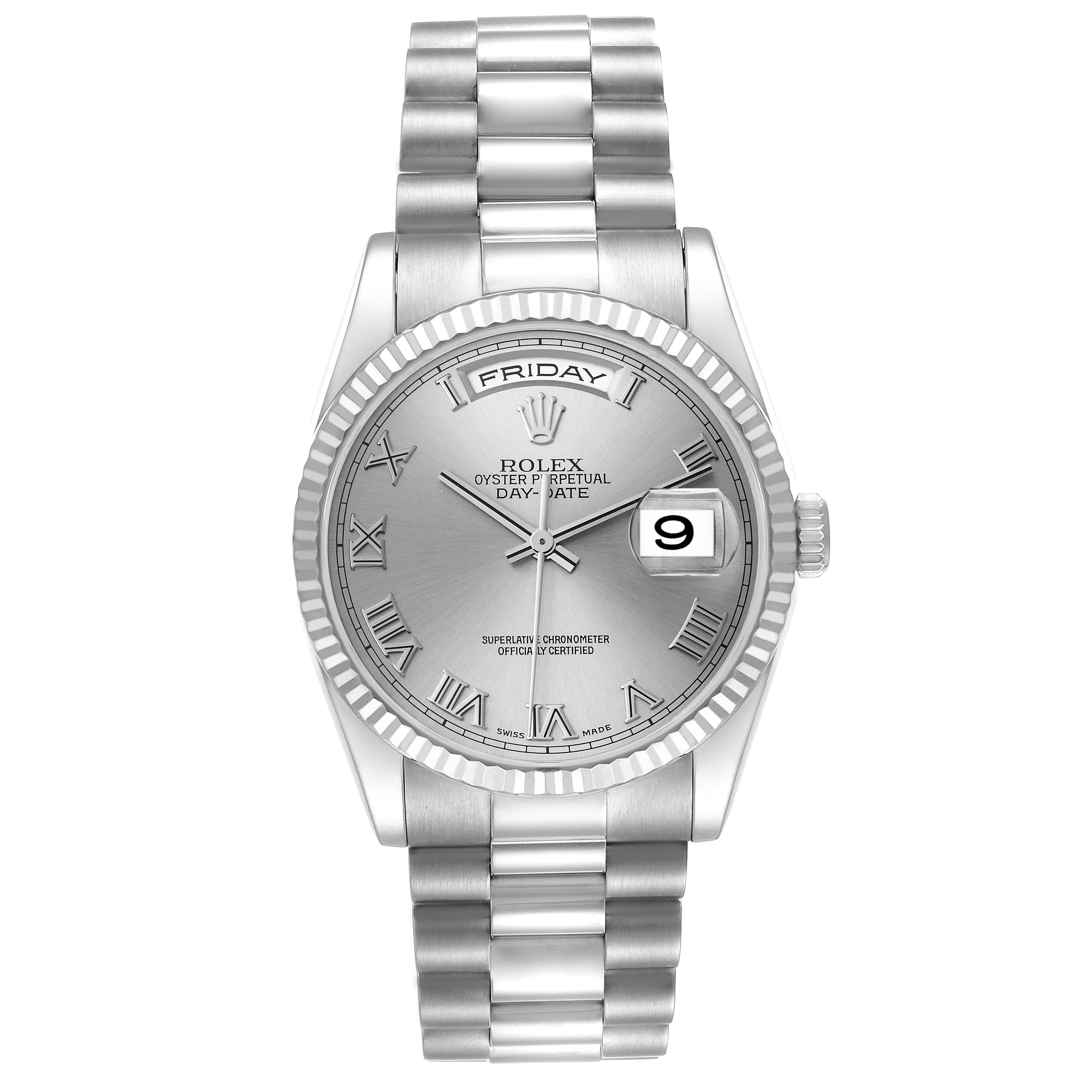 This image shows a front view of a Rolex President 118239 Men's White Gold Silver Dial 118239 Men's White Gold Silver Dial model watch, showcasing its dial, day and date display, and bracelet.