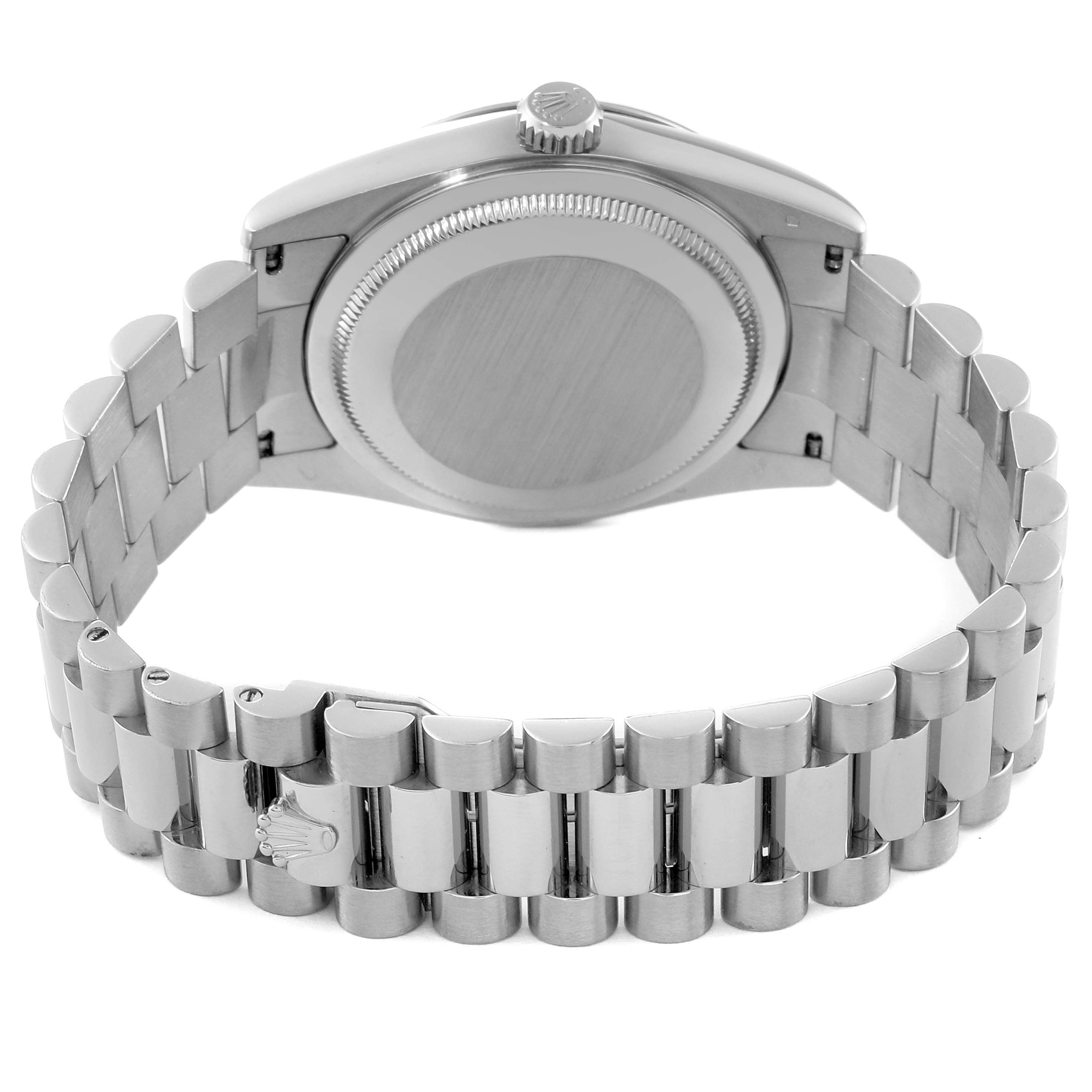 The image shows the back view of a Rolex President 118239 Men's White Gold Silver Dial 118239 Men's White Gold Silver Dial model watch, highlighting its caseback and bracelet.