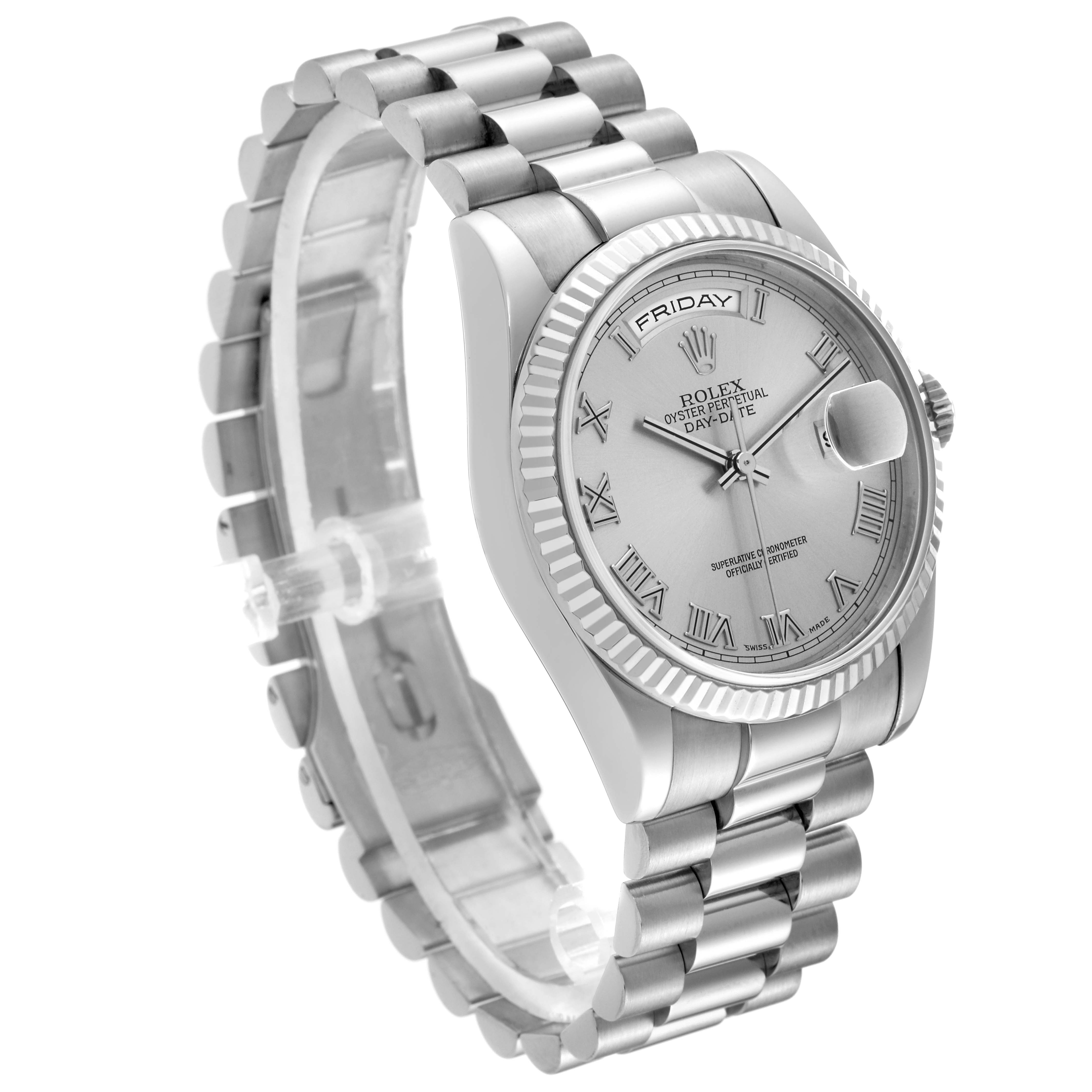 This Rolex President 118239 Men's White Gold Silver Dial 118239 Men's White Gold Silver Dial model watch is shown from a three-quarter angle, highlighting the dial, bezel, bracelet, and crown.