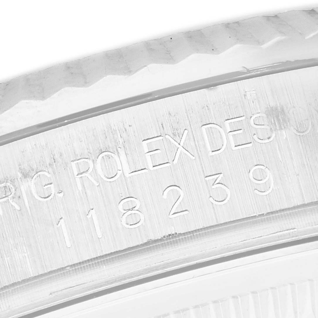 The image shows the model number engraved on the side of the case of a Rolex President 118239 Men's White Gold Silver Dial 118239 Men's White Gold Silver Dial watch, viewed at a close-up angle.