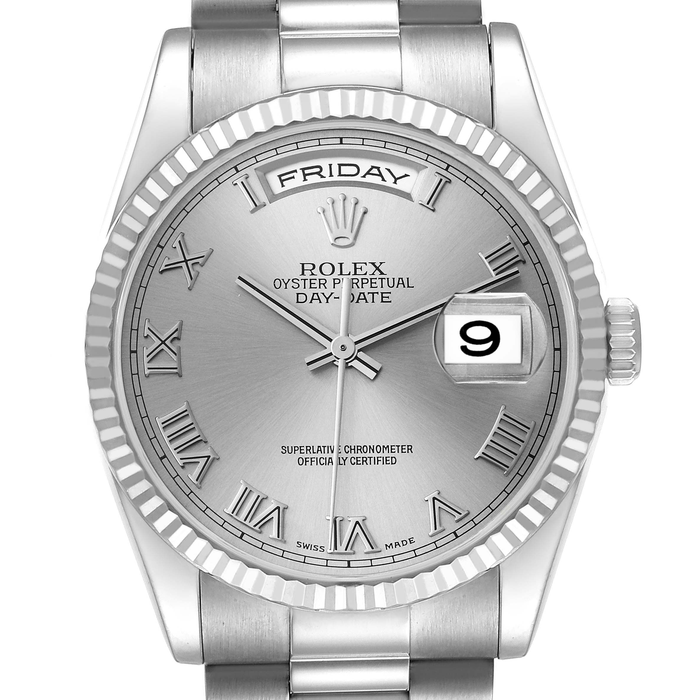 This Rolex President 118239 Men's White Gold Silver Dial 118239 Men's White Gold Silver Dial model watch is shown from the front, highlighting its dial with Roman numerals, day, and date display.