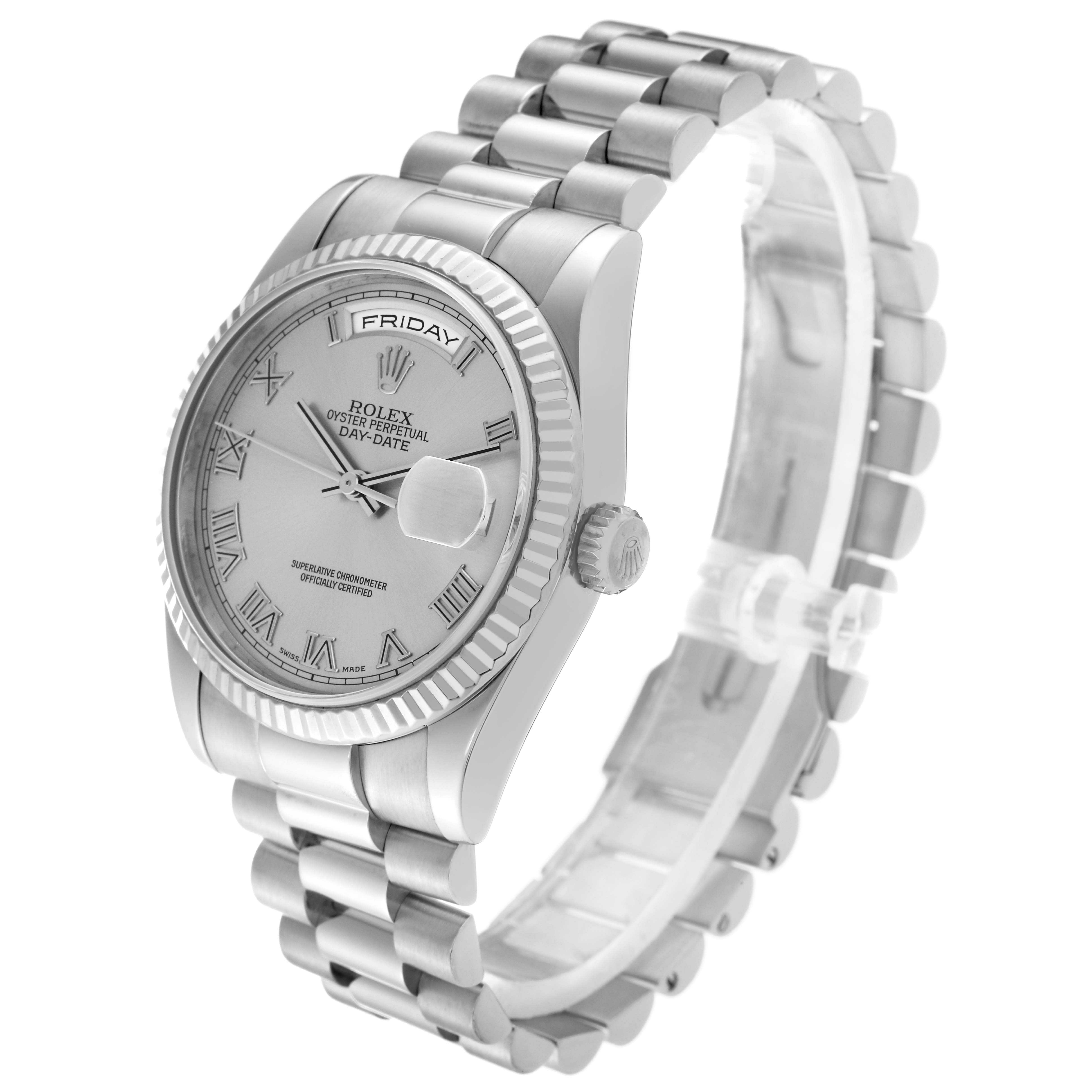 The Rolex President 118239 Men's White Gold Silver Dial 118239 Men's White Gold Silver Dial watch is shown at a slightly angled side view, featuring its face, bezel, crown, and bracelet.