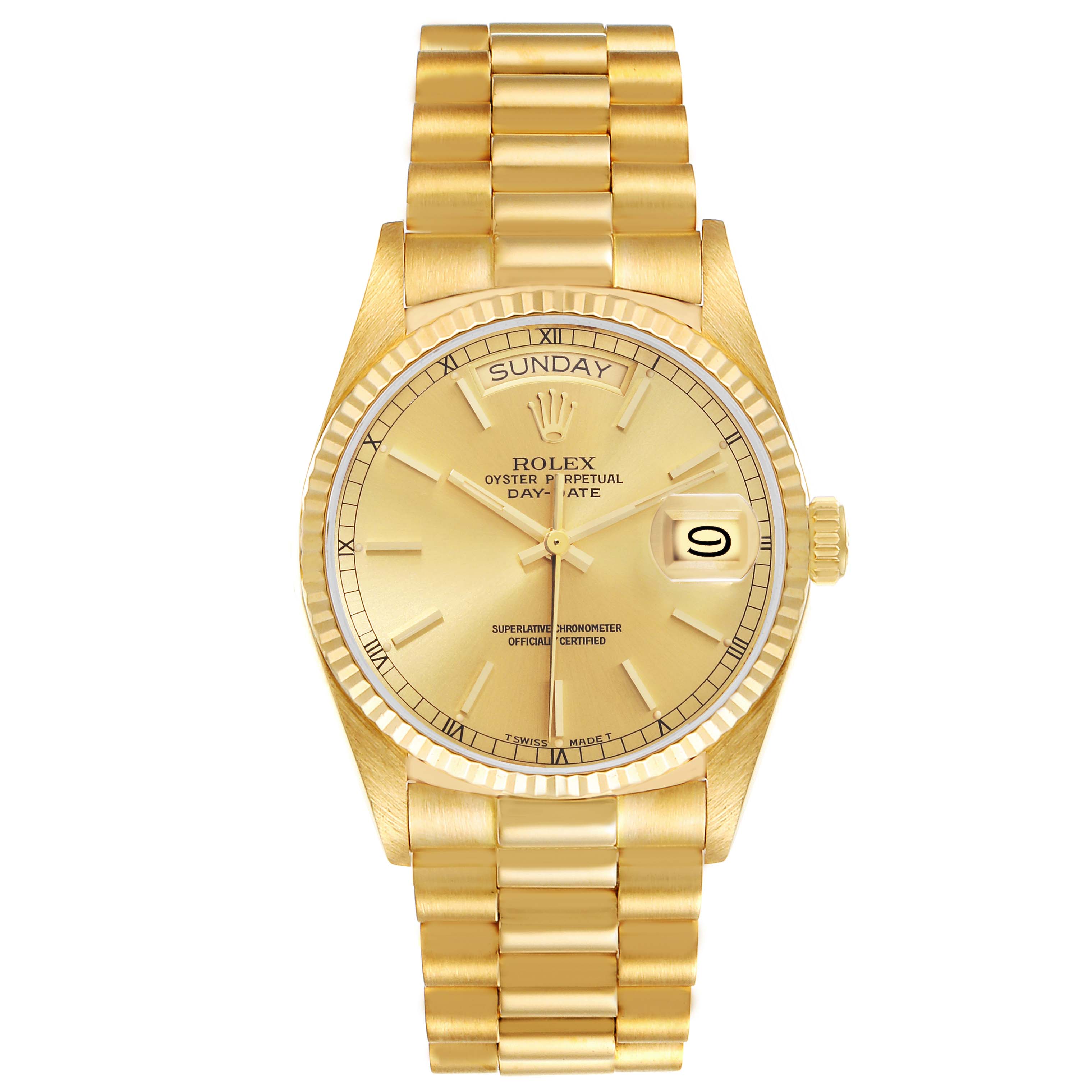 The image shows a front view of a Rolex President 18038 Men
s Yellow Gold Champagne Dial 18038 Men
s Yellow Gold Champagne Dial model watch, highlighting its gold dial, day-date display, and gold bracelet.