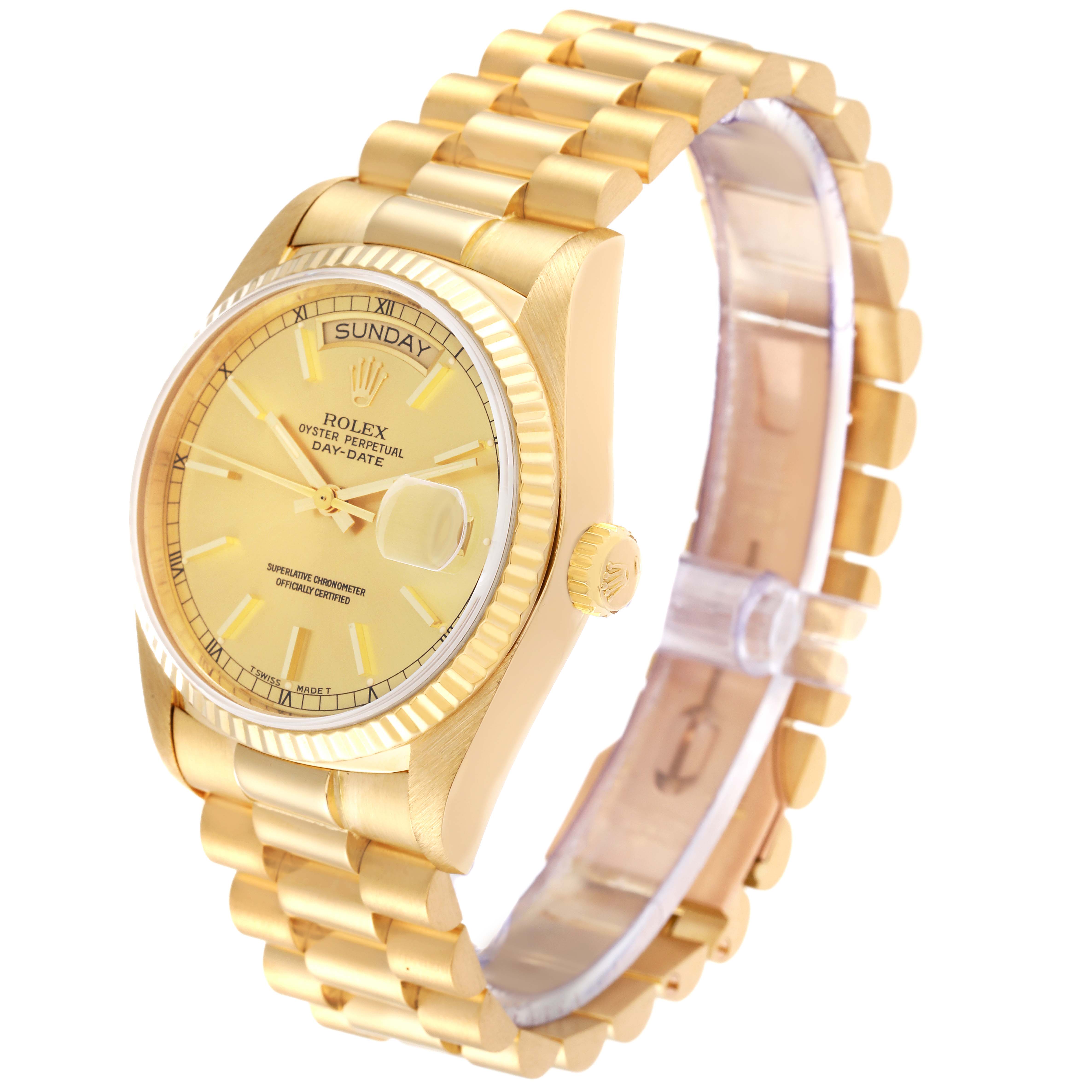 The image shows a side view of a gold Rolex President 18038 Men
s Yellow Gold Champagne Dial 18038 Men
s Yellow Gold Champagne Dial Day-Date watch, highlighting its dial, fluted bezel, and presidential bracelet.