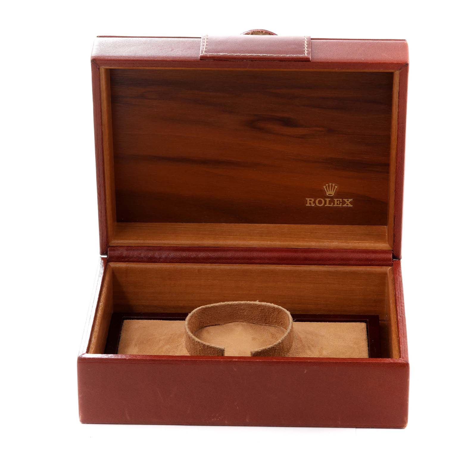 This image shows an open Rolex President 18038 Men
s Yellow Gold Champagne Dial 18038 Men
s Yellow Gold Champagne Dial watch box, displaying its interior, including a cushion for the watch.