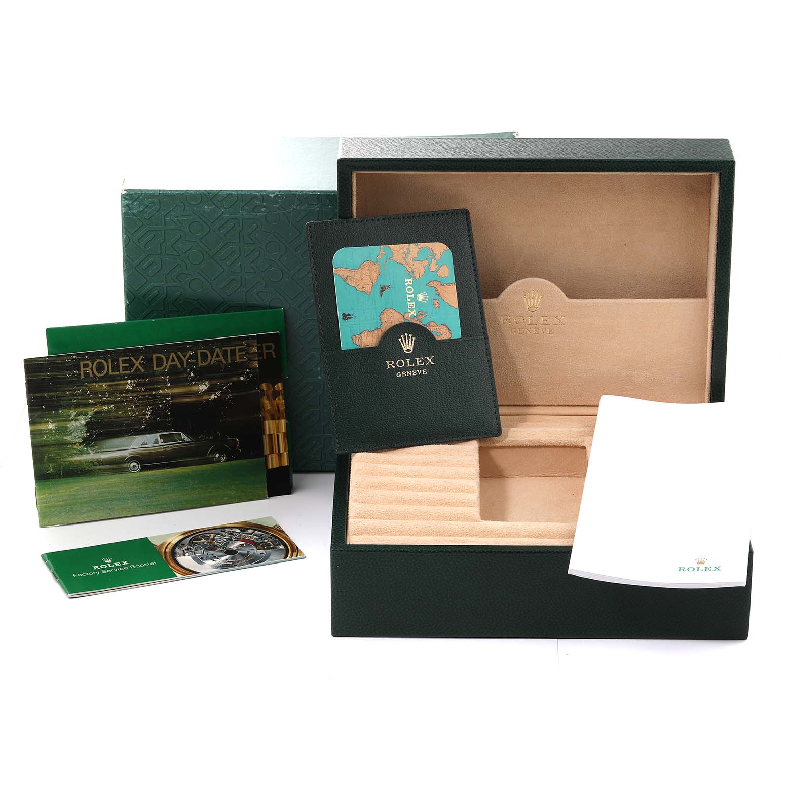 The image shows the packaging, box, booklet, and warranty card holder for a Rolex President 18238 Men
s Yellow Gold Champagne Dial 18238 Men
s Yellow Gold Champagne Dial model watch.
