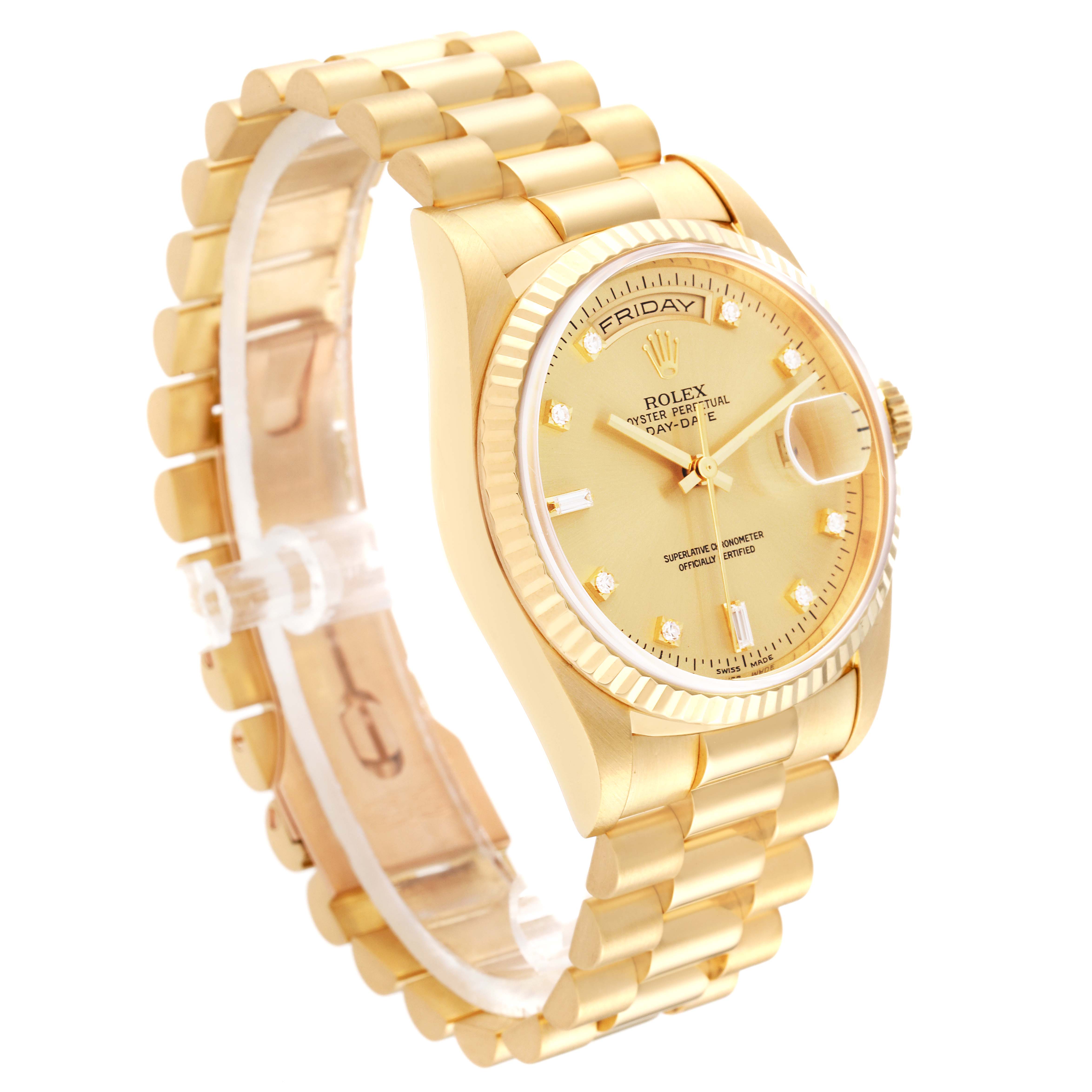 The image shows a side view of the Rolex President 18238 Men
s Yellow Gold Champagne Dial 18238 Men
s Yellow Gold Champagne Dial model watch, highlighting the bracelet, dial, and crown.