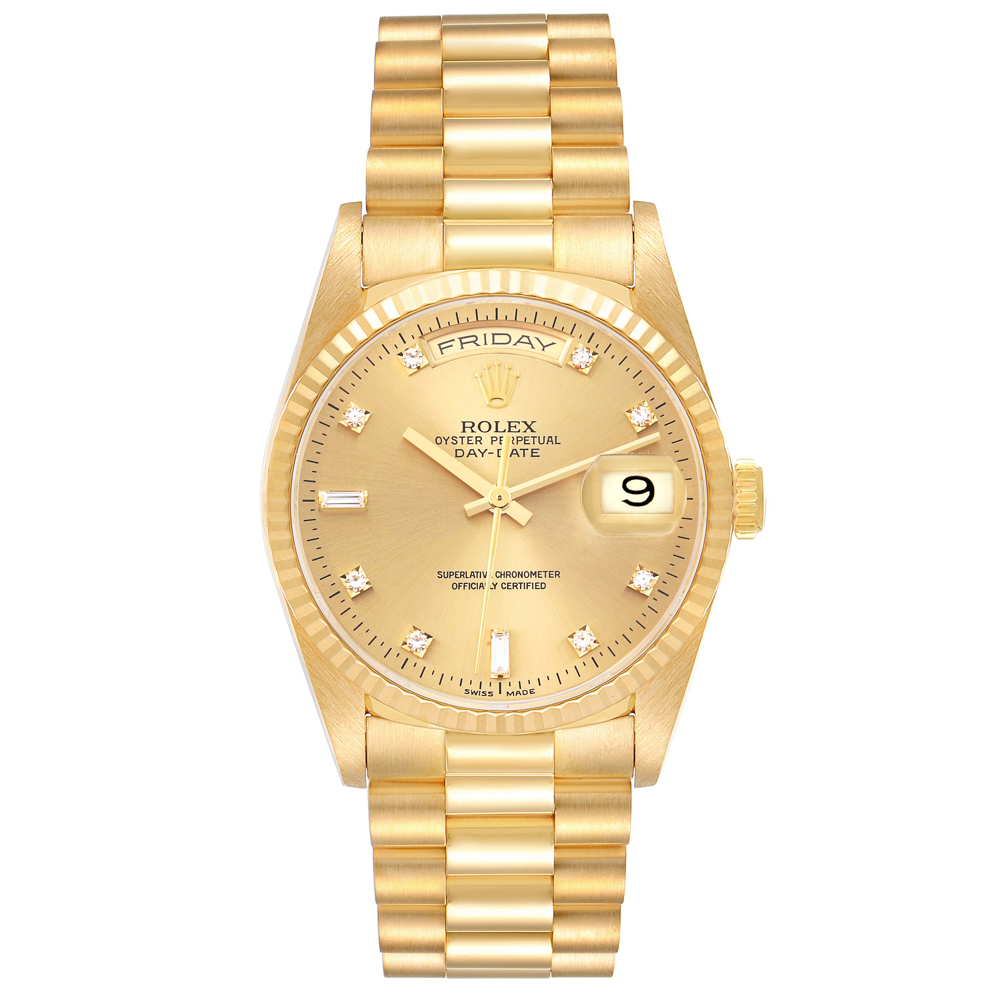 This image shows a front view of a Rolex President 18238 Men
s Yellow Gold Champagne Dial 18238 Men
s Yellow Gold Champagne Dial model watch, displaying its golden dial, day, and date features.