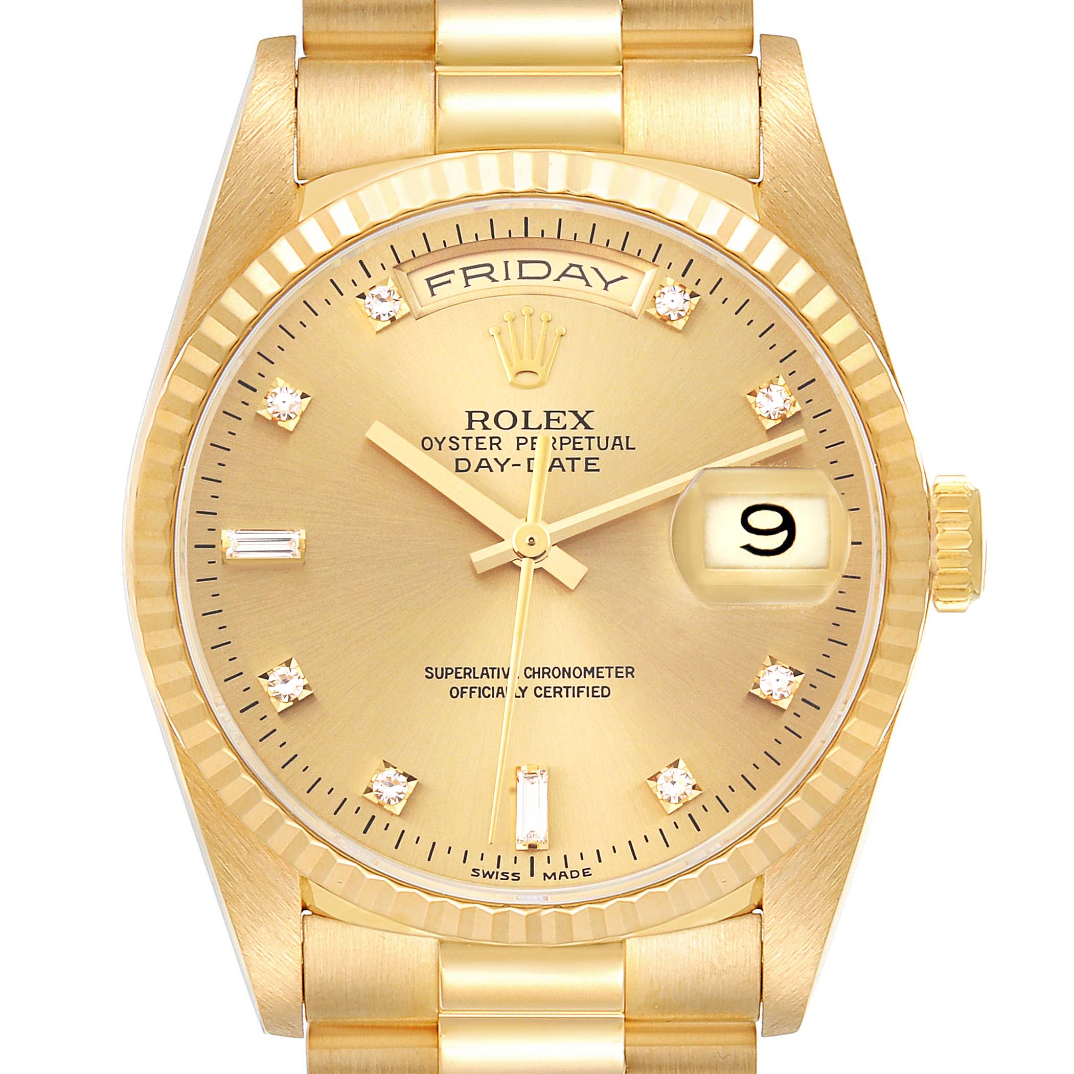 This image shows a close-up of the dial, bezel, and part of the bracelet of a Rolex President 18238 Men
s Yellow Gold Champagne Dial 18238 Men
s Yellow Gold Champagne Dial model watch.