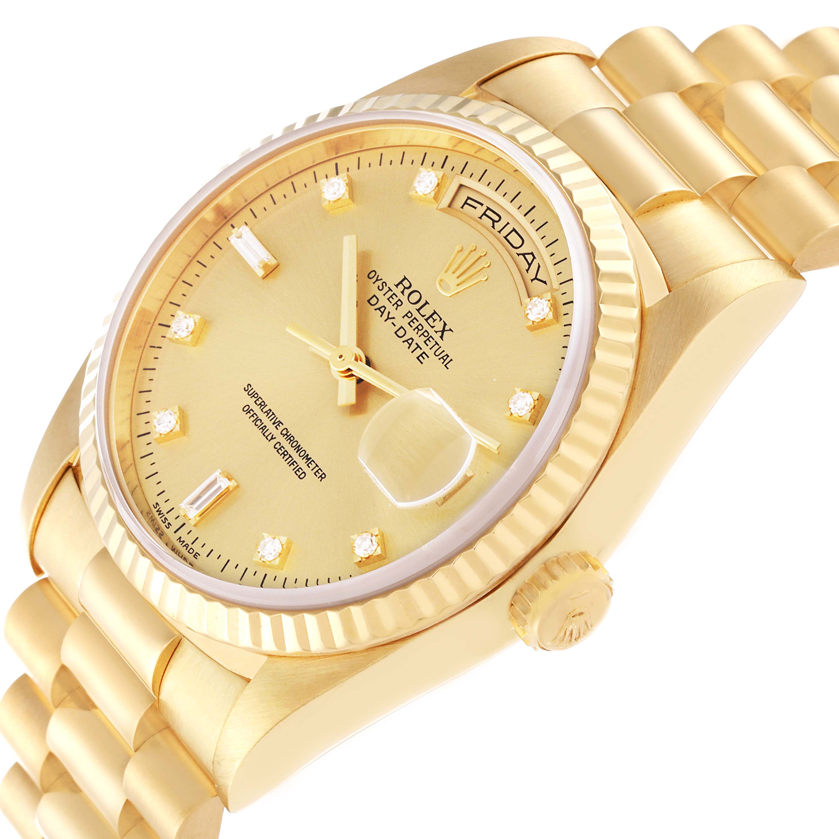 The image shows a close-up angled view of a Rolex President 18238 Men
s Yellow Gold Champagne Dial 18238 Men
s Yellow Gold Champagne Dial Day-Date watch, highlighting its dial, fluted bezel, and bracelet.