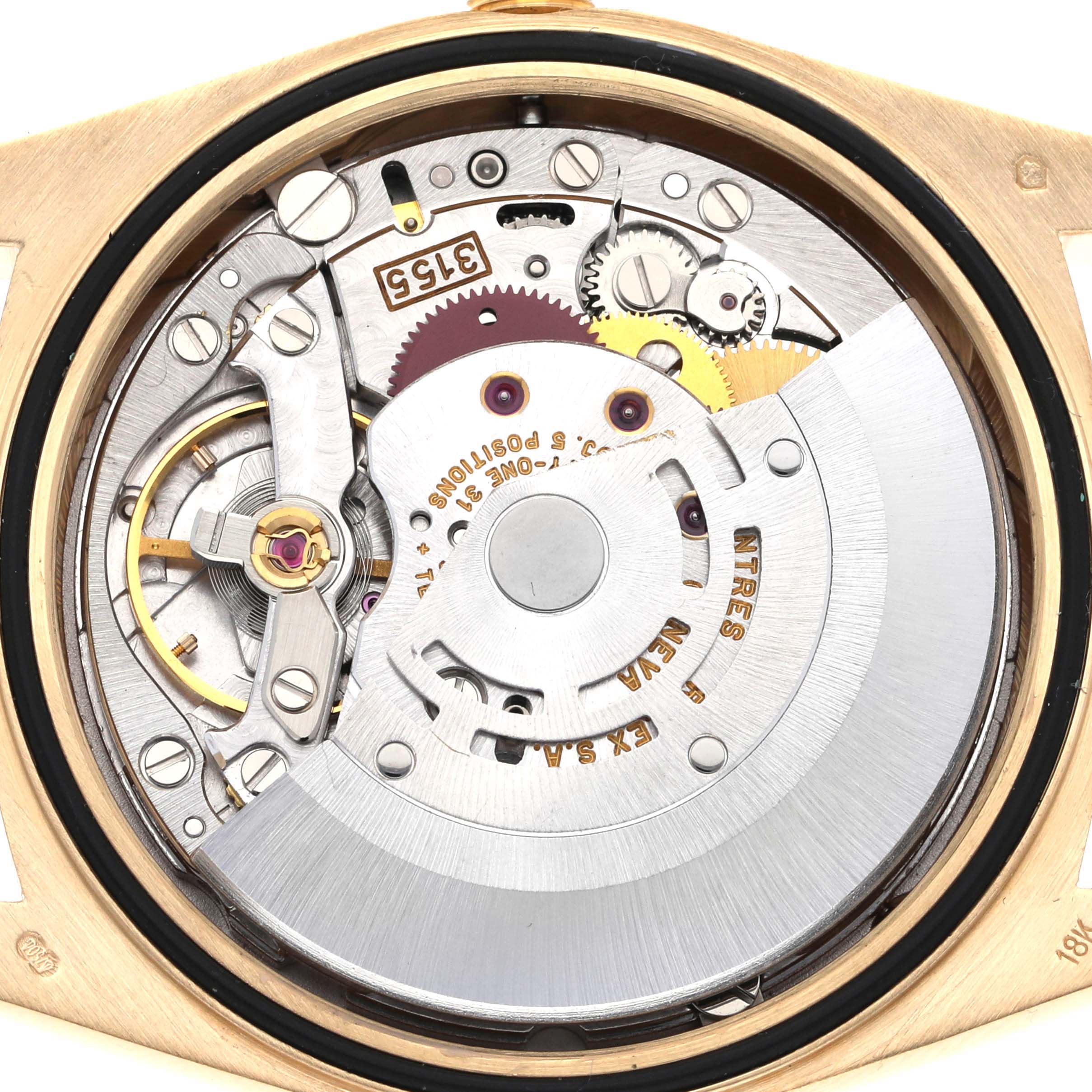 This image shows the internal mechanical movement of the Rolex President 18238 Men
s Yellow Gold Champagne Dial 18238 Men
s Yellow Gold Champagne Dial model watch, viewed from the back.