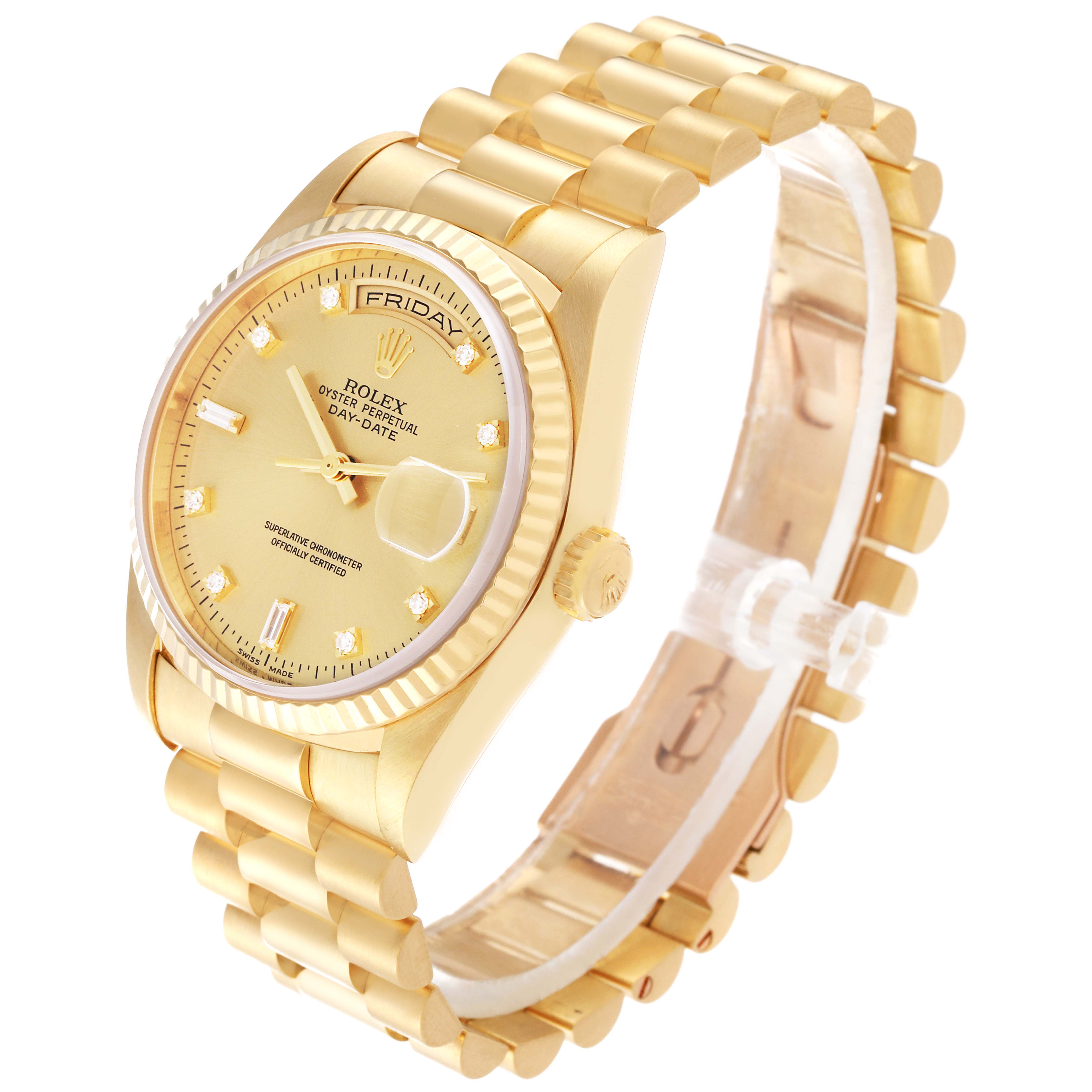 This image shows the Rolex President 18238 Men
s Yellow Gold Champagne Dial 18238 Men
s Yellow Gold Champagne Dial model watch from an angled side view, showcasing the dial, bezel, crown, and bracelet.