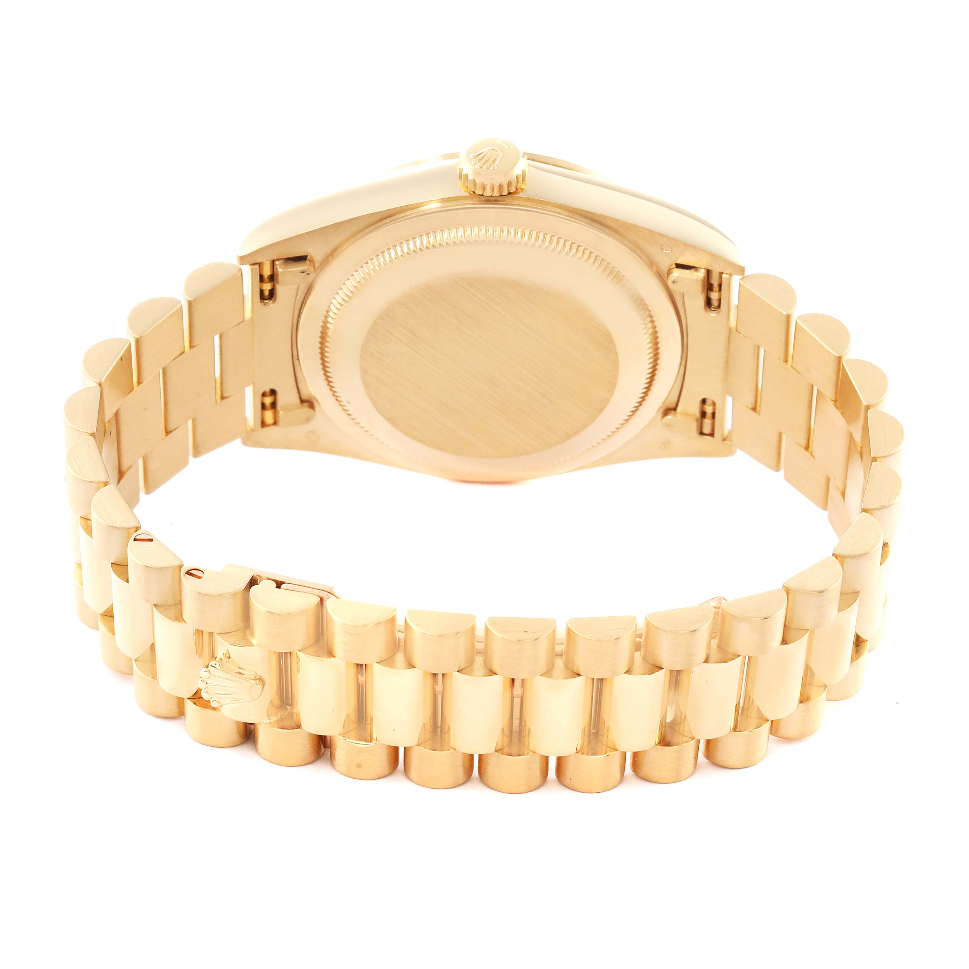 The image shows the back case and bracelet clasp of a Rolex President 18238 Men
s Yellow Gold Champagne Dial 18238 Men
s Yellow Gold Champagne Dial model watch.