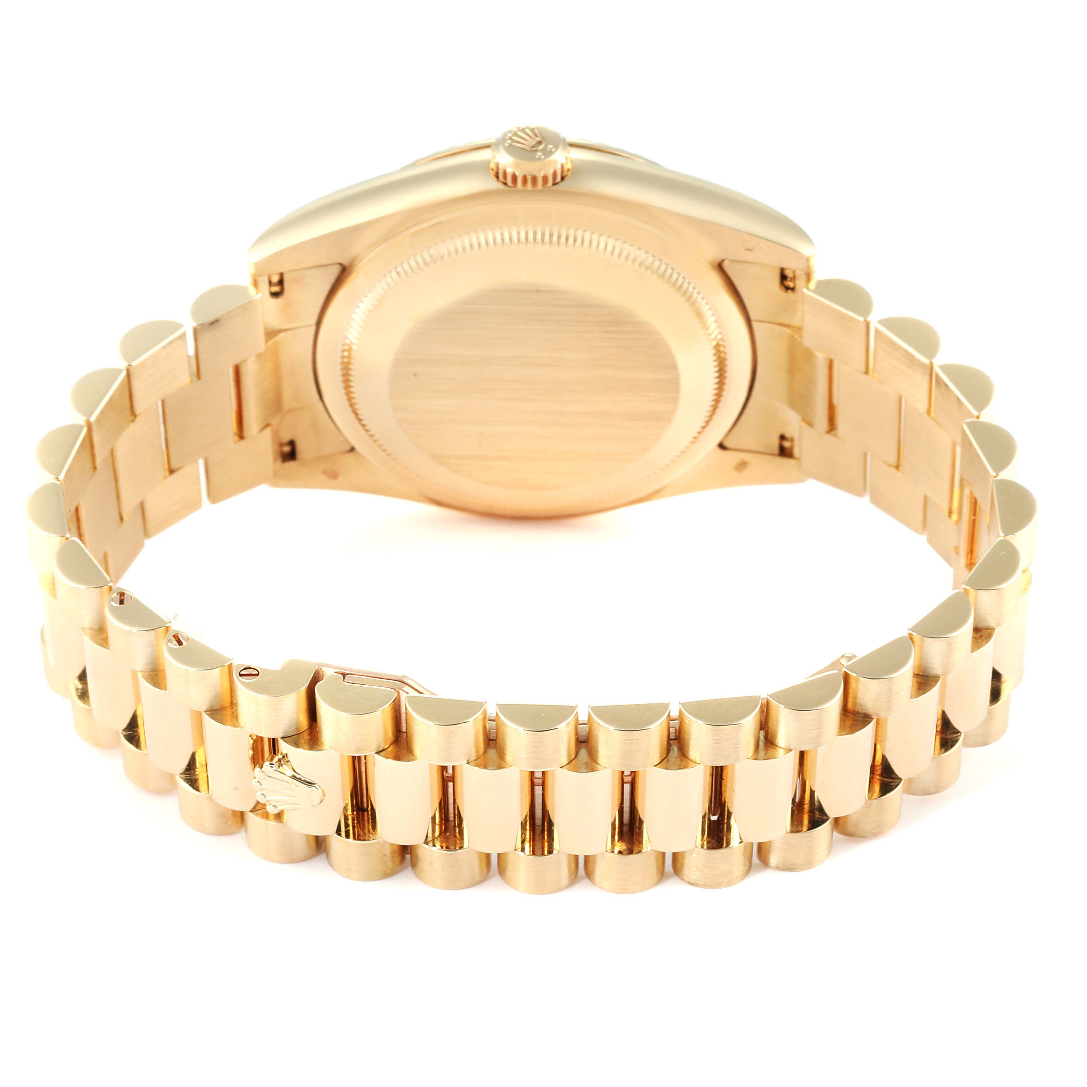 The image shows the back case and bracelet of a Rolex President 118238 Men's Yellow Gold Champagne Dial 118238 Men's Yellow Gold Champagne Dial model, viewed from the rear.